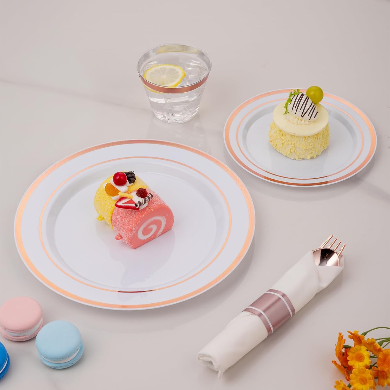 350 PCS White and Rose Gold Plastic Dinnerware Set for 50 Guests, 100 Plates for Party, 50 Pre Rolled Napkins with Gold Silverware, 50 Cups