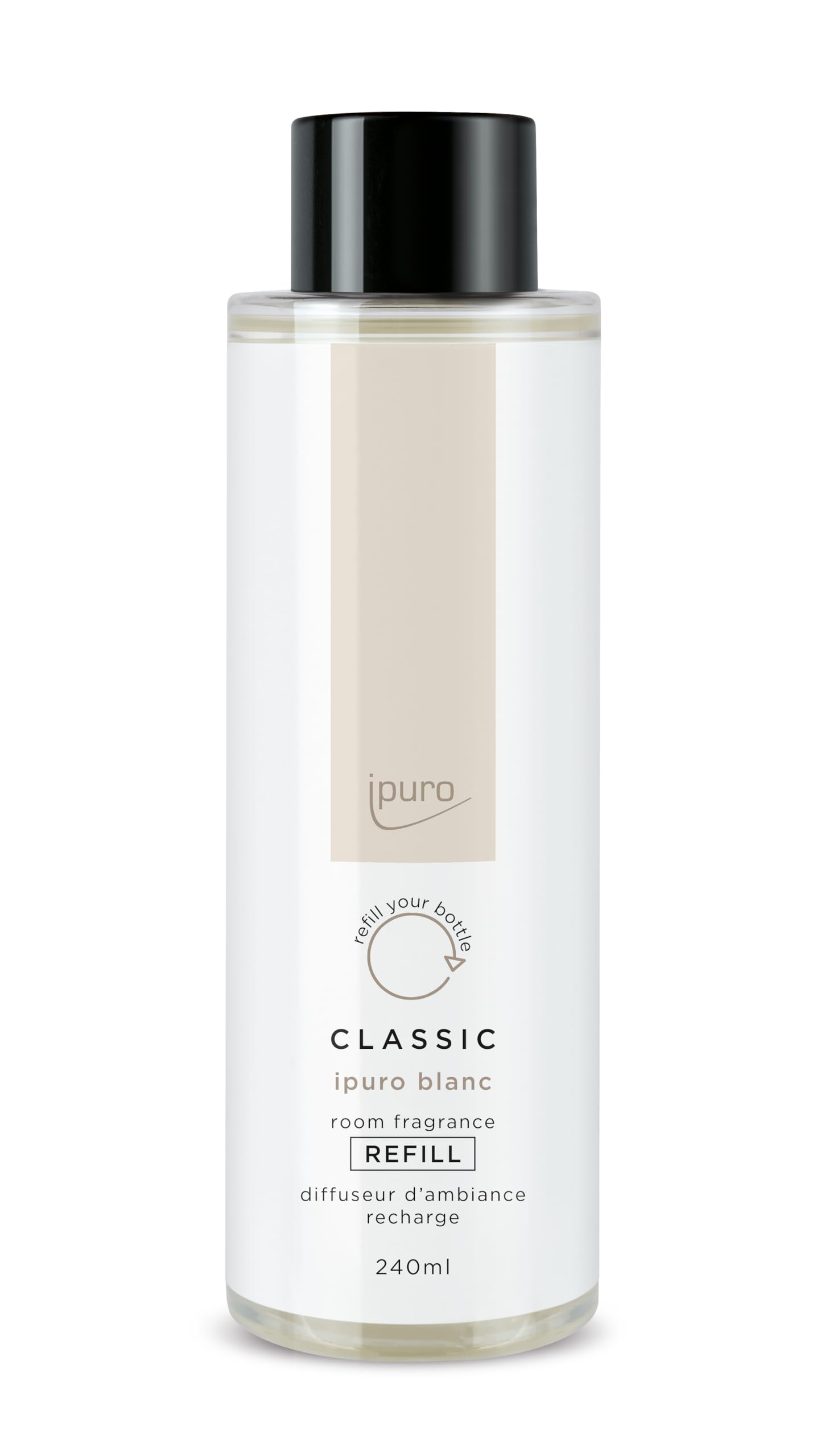 ipuro Classic Raumduft Nachfüllflasche BLANC 240ml | Raumerfrischer mit Geranie, Minze & Sandelholz | Frischer Sommerregen | Nachfüller für Diffuser mit Stäbchen