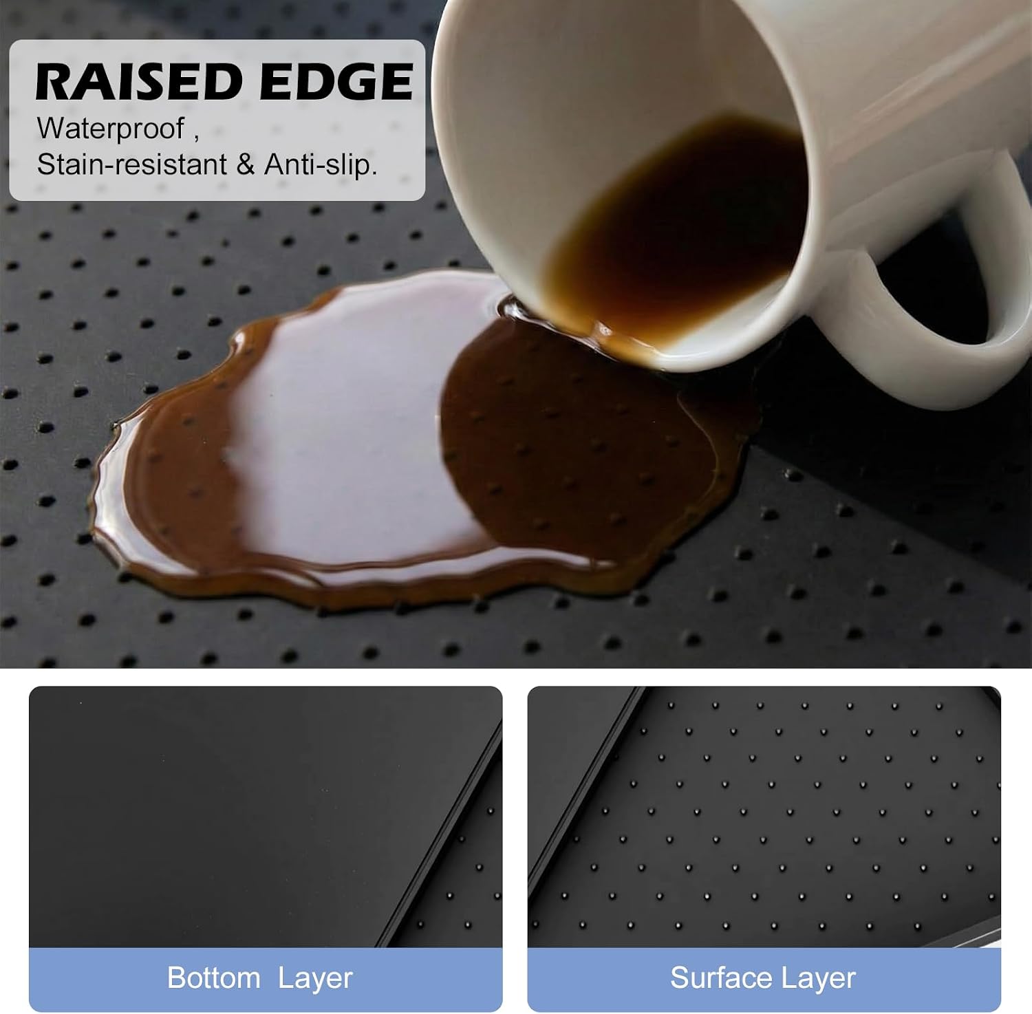 Coffee Mat Non-Slip Waterproof Silicone Bar Mat for Espresso Machine and Coffee Maker Leak-Proof Dish Drying Mats for Kitchen Counter, 11"X15", Black