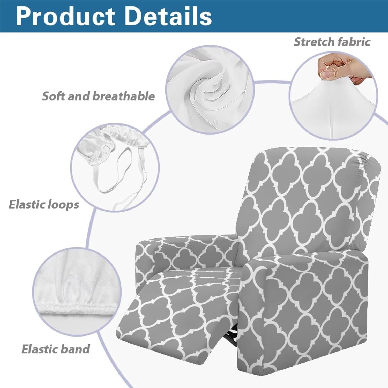 Recliner Covers 4 Pieces Washable Grey Slipcovers for Reclining Chair Lazy Boy Recliner Chair Covers That Stay in Place Stretch Furniture Protector for Pet, Kids