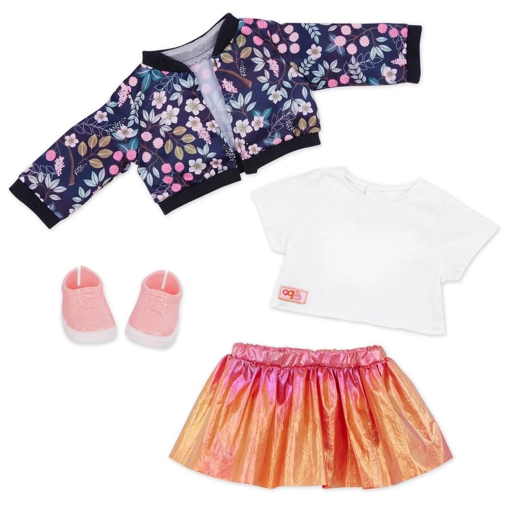 Our G Bloomy Blossom Outfit, Navy Floral Jacket, White T-Shirt, Pink Metallic Skirt and Shoes, Doll Clothing Set