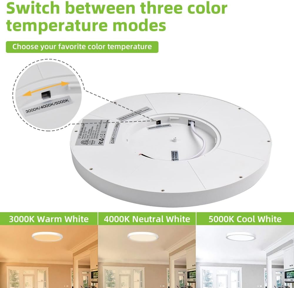 hykolity 12 Inch Selectable CCT LED Round Flat Panel Light, 24W 3000K/4000K/5000K, Edge-Lit Flush Mount Ceiling Light Fixture for Kitchen, Bedroom, Laundry and Closet Room, White