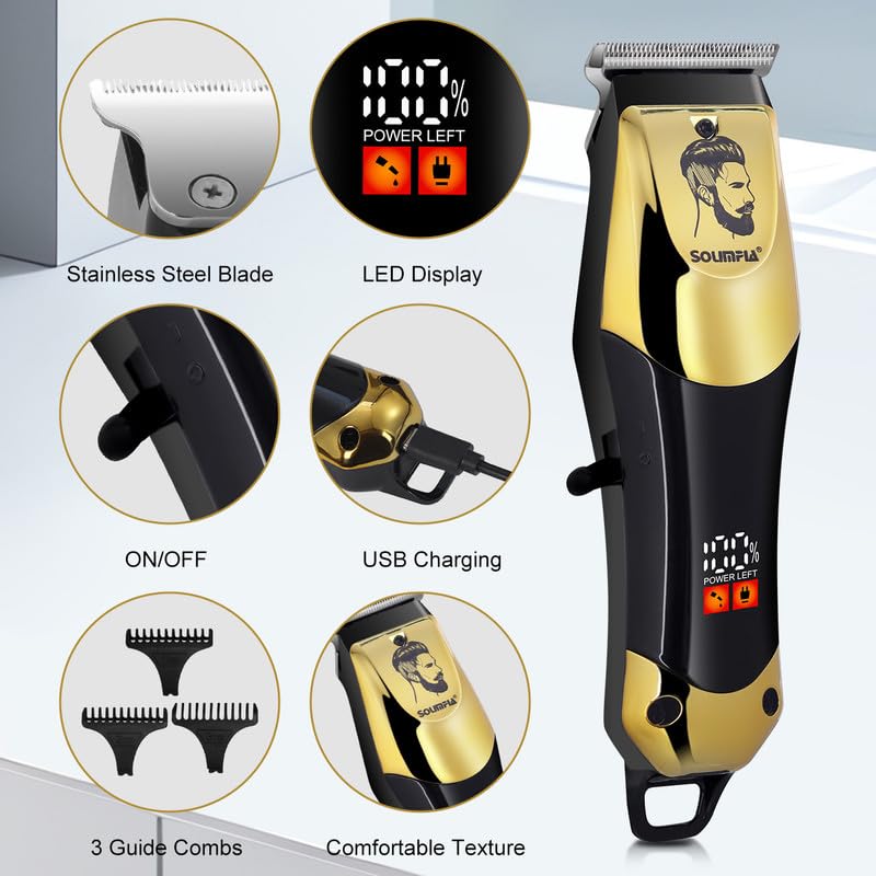 Image of SOLIMPIA HT-679 Digital Display 0mm Professional Cordless Hair Clippers Rechargeable Wireless Hair Grooming Set Beard Trimming Beard Styling Rechargeable Li-ion Battery 600mAh 120 min Runtime, Gold