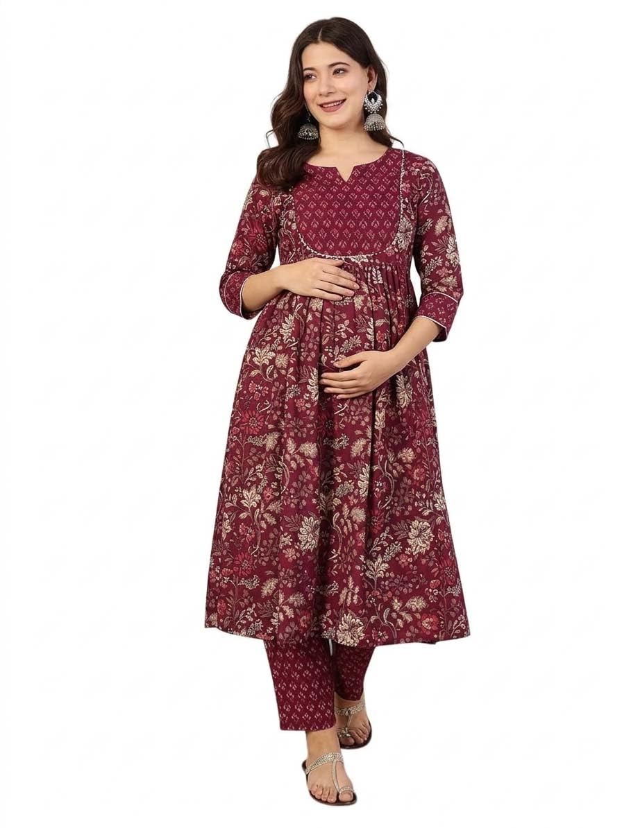 ASSUME FAB Women Viscose Rayon Anarkali Maternity and Feeding Zip Kurti and Pant Set