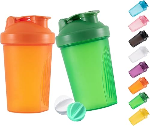 ANNAKIKI Shaker Bottle - Batido de proteínas y botella agitadora de 13.5 onzas / 13.5 fl oz con bolas batidoras, plástico sin BPA (naranja + verde
