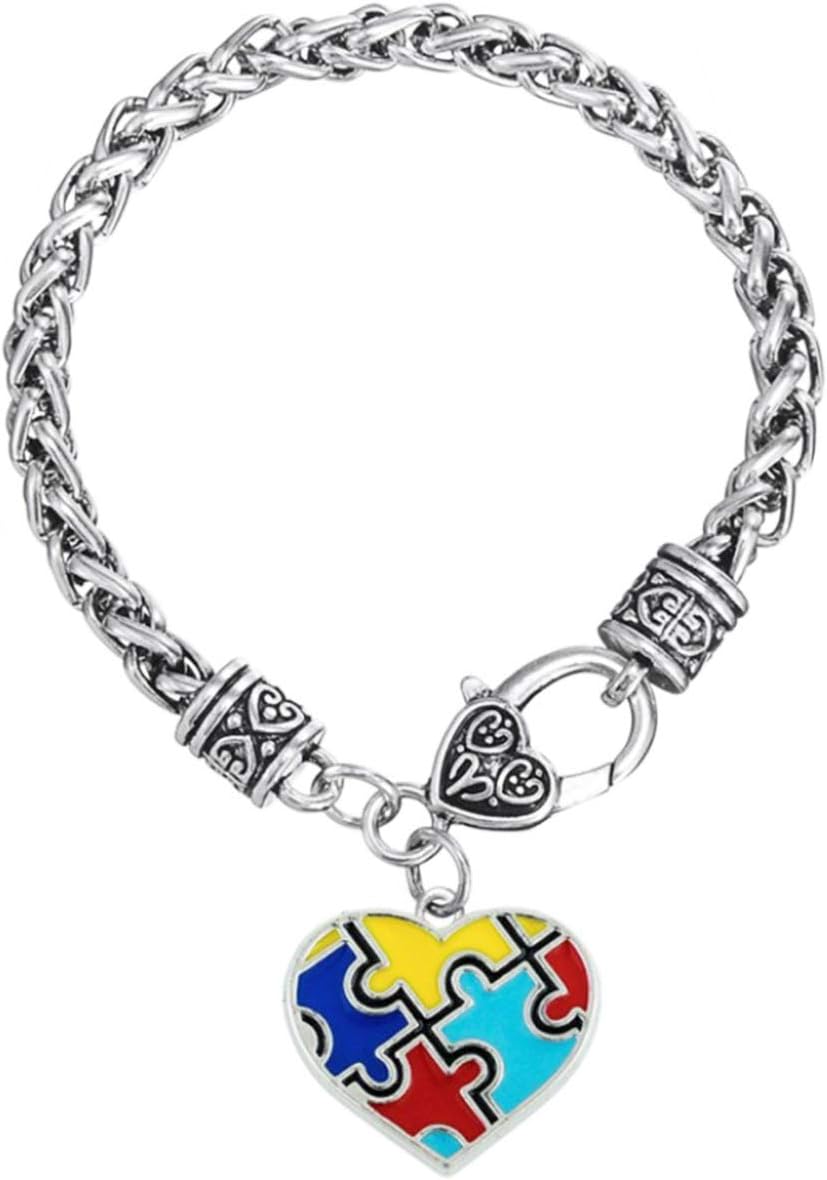 MiniJewelryAutism Awareness Puzzle Jigsaw Love Heart Cross Charm Bracelet for Women Mom Sister Daughter Brother Auntie Wife Husband Family