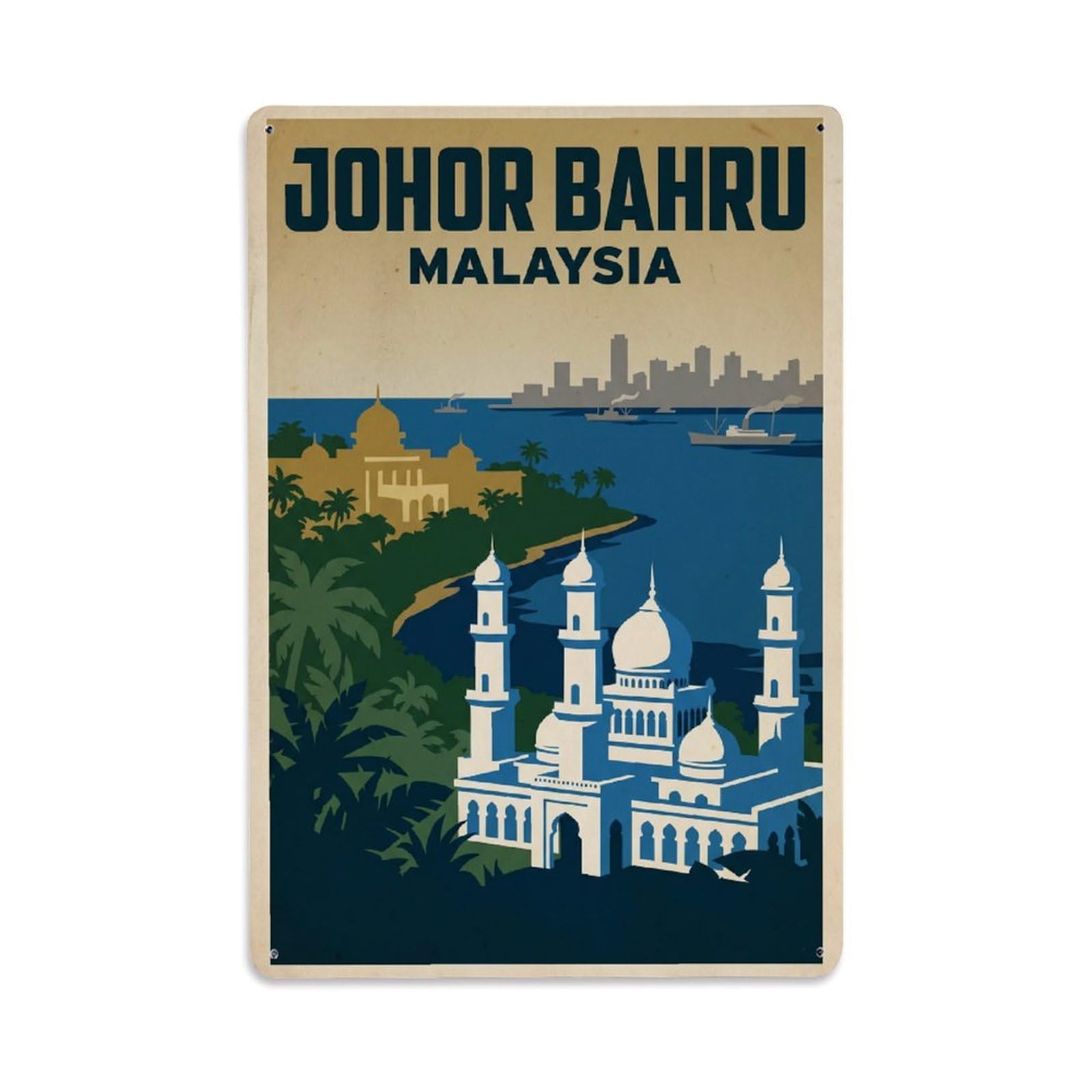 Retro Malaysia Johor Bahru Travel Metal Tin Sign Plaque Wall Decor for Cafe, Club Bar, Office, Garden Metal Poster 8x12Inch