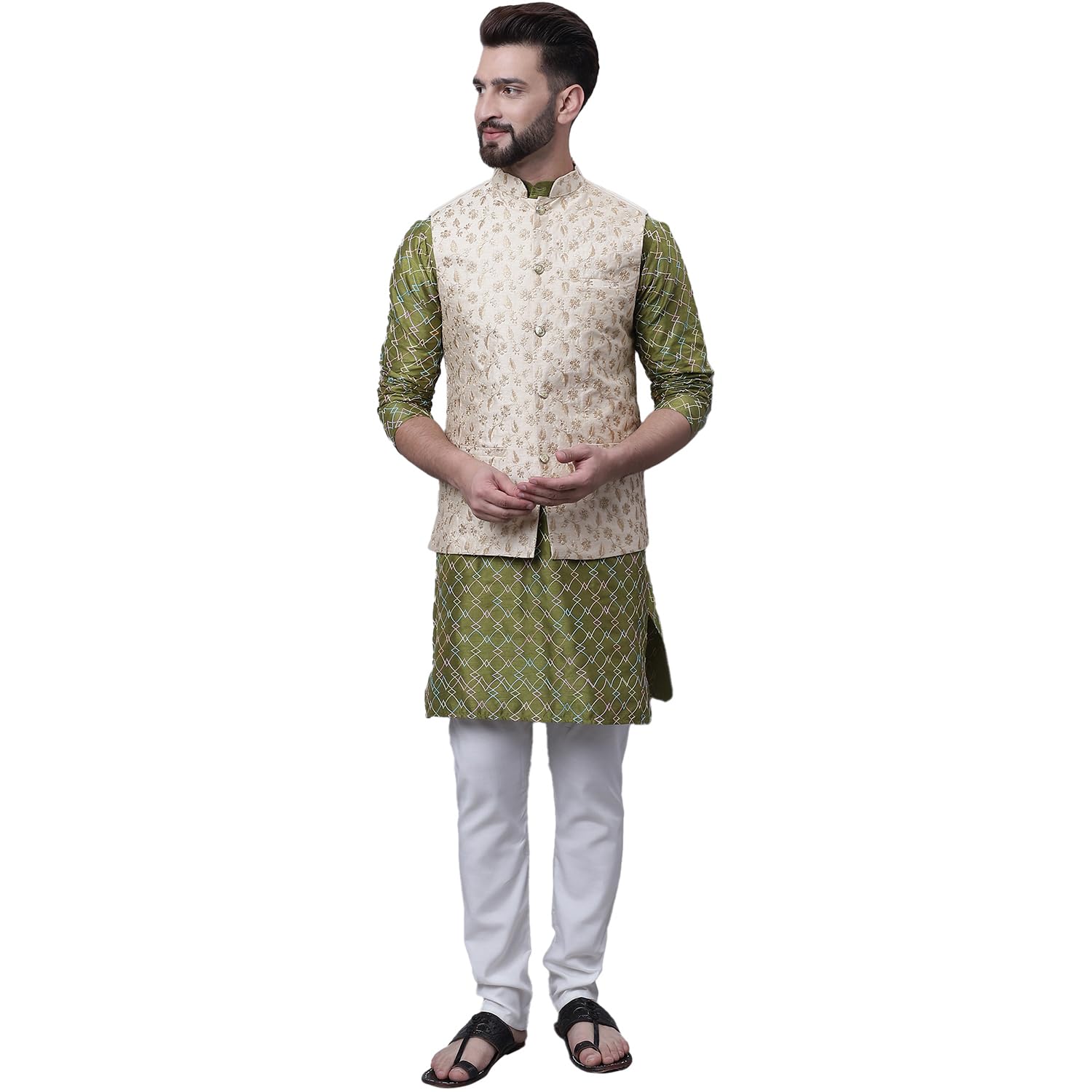 sojanya (Since 1958 Men's Silk Blend Olive Kurta and Cream Pyjama with Beige Embroidery Nehru Jacket-picture-25