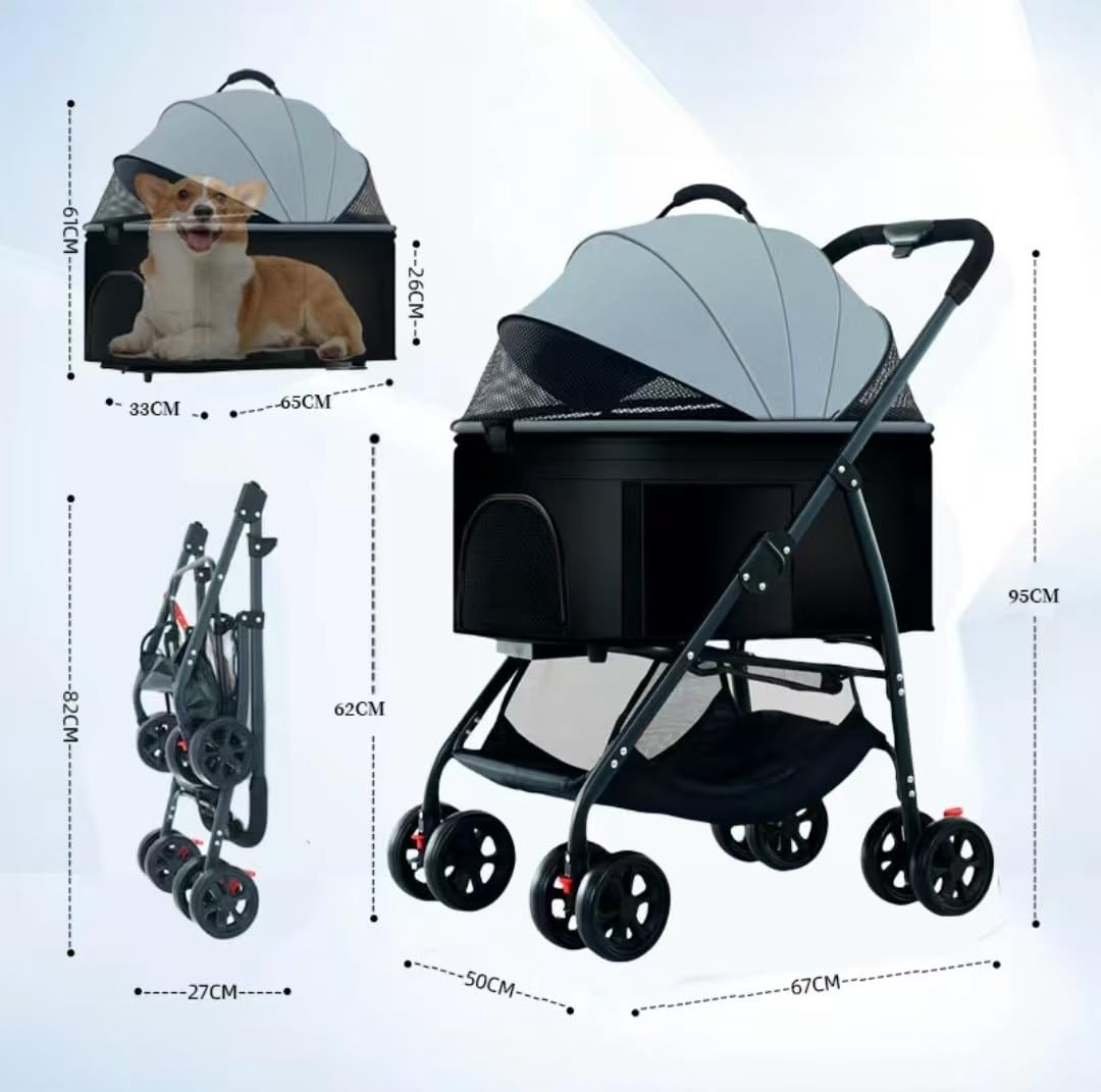 Passeggino da viaggio per animali domestici, pieghevole, per cani e gatti, con cestino portaoggetti e portabicchieri per un comodo viaggio