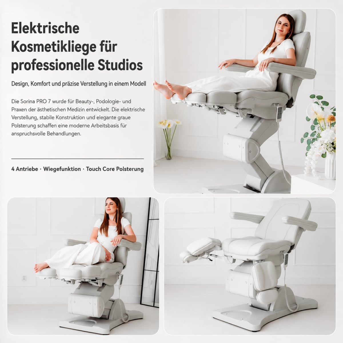 HABYS Kosmetikliege Elektrisch Sorina PRO 7 (Grau) | Fußpflegestuhl Elektrisch Höhenverstellung: 66-110cm, Wiegefunktion, Elektrischer Verstellung, 180kg Belastbarkeit, 4 Motoren