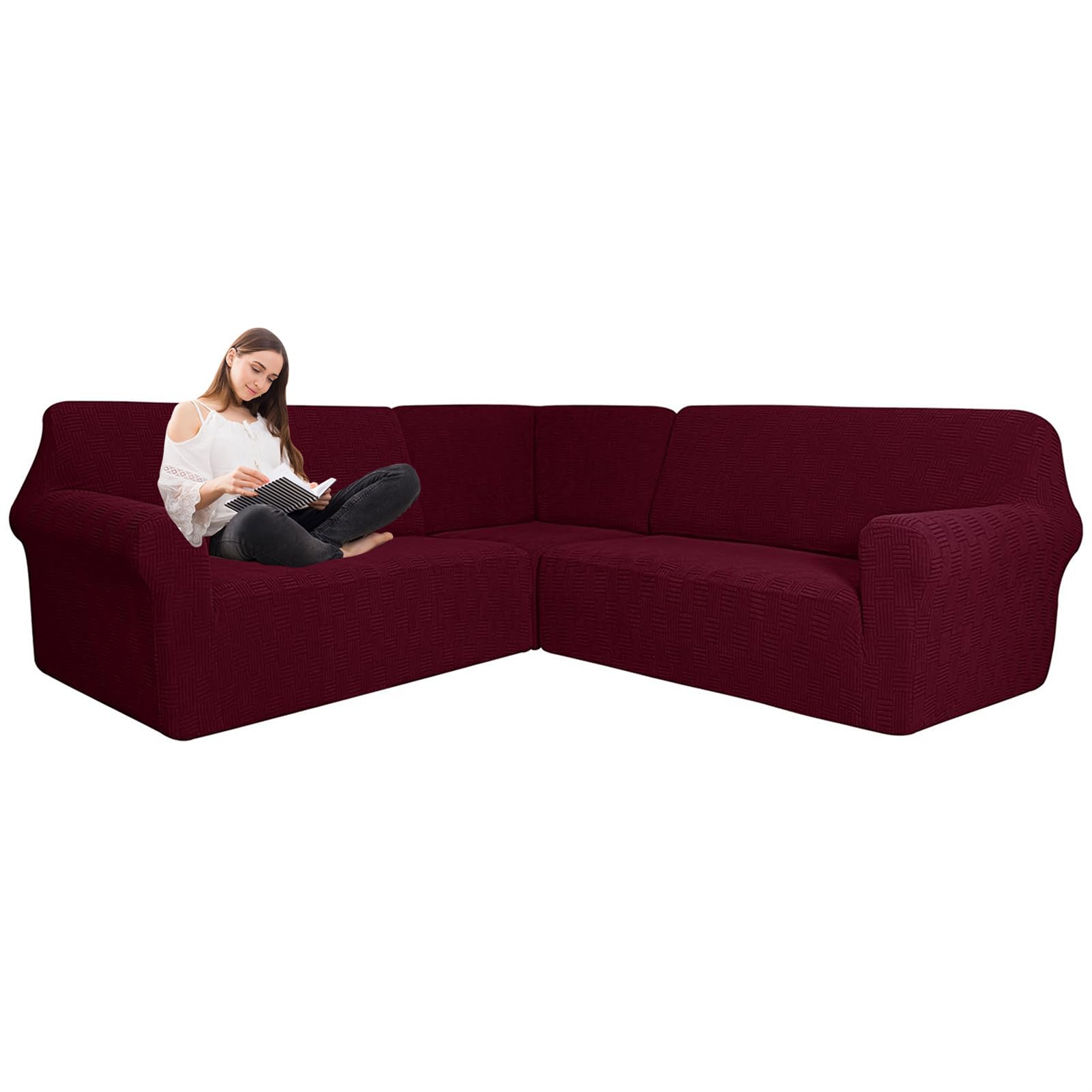 JUNLEBUYI Stretch Jacquard Corner Sofa Slipcover, 3 Pcs L Shape Couch Covers for Sectional Corner Sofa 5/7 Seater, Sectional Couch Protector for Living Room (Wine Red,5-Seater)