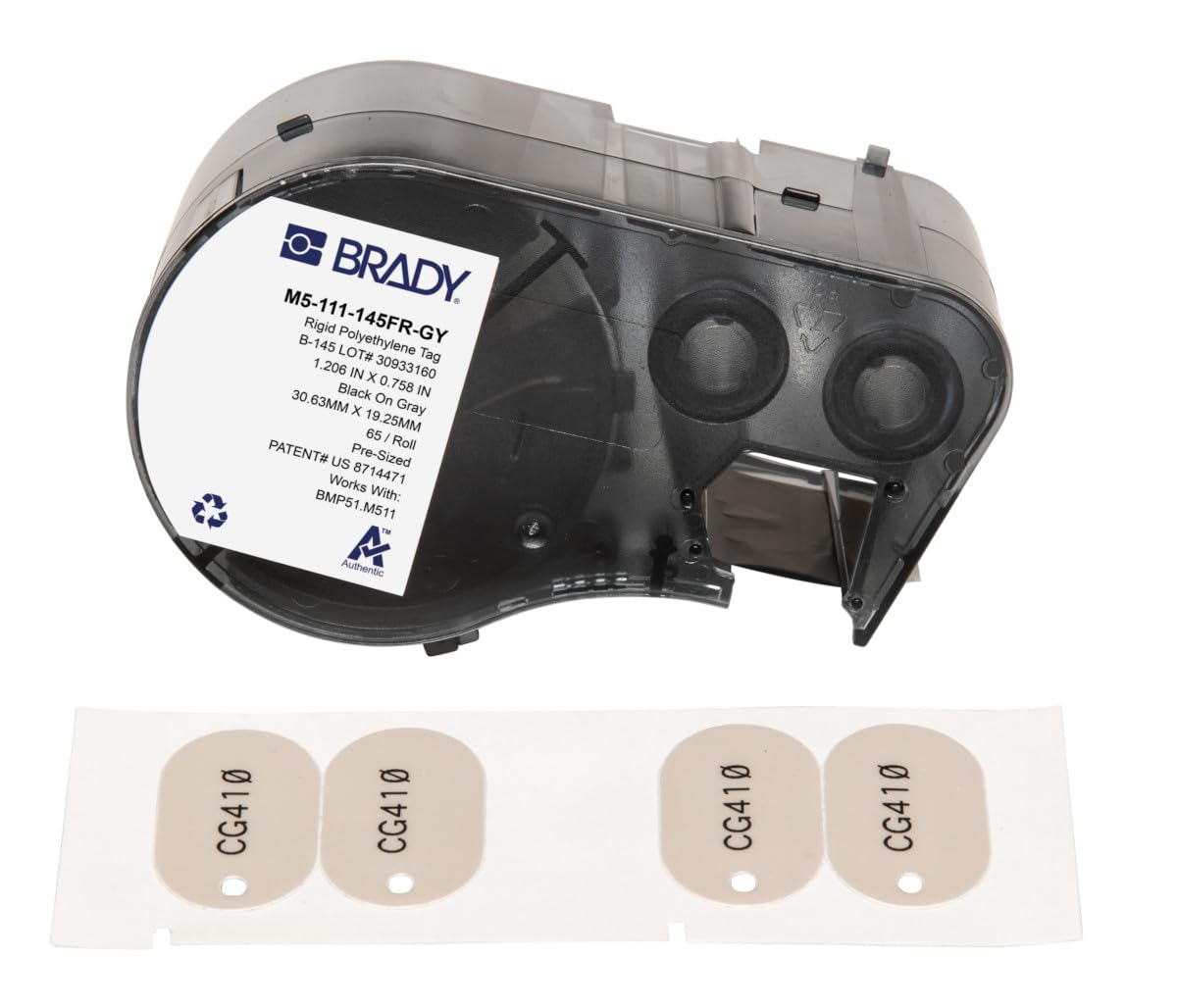 Brady Polyethylene Label Tape for Label Printer BMP51/BMP53/M511-65 Self Adhesive Printer Labels - Black on Grey (30,63 mm (W) x 19,05 mm (H)) - M5-111-145FR-GY