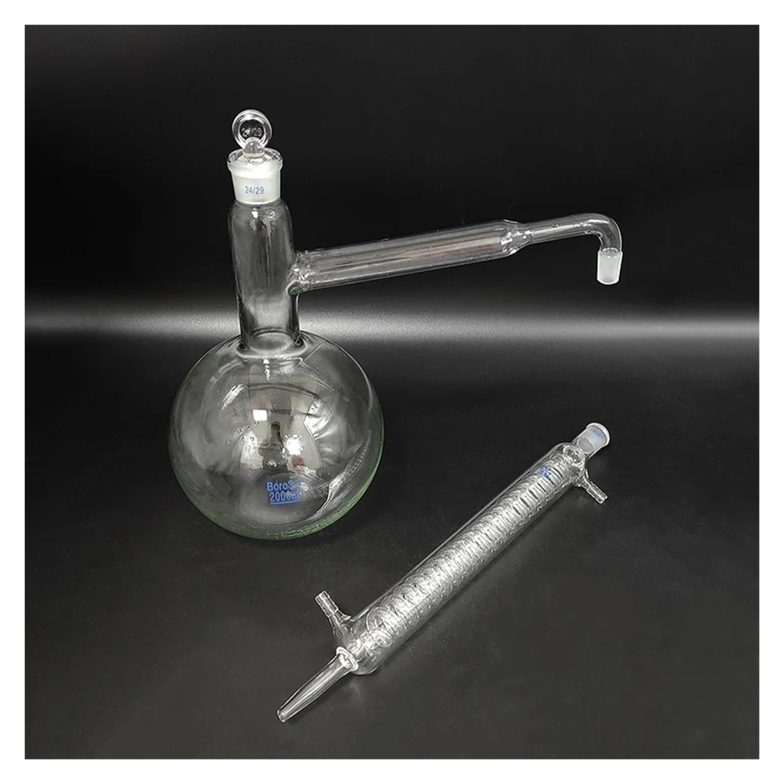 Apparecchio di distillazione con Giunti in Vetro Smerigliato, unità di distillazione in Vetro, Distillatore a condensatore a Fondo Piatto(500mL-200mm)