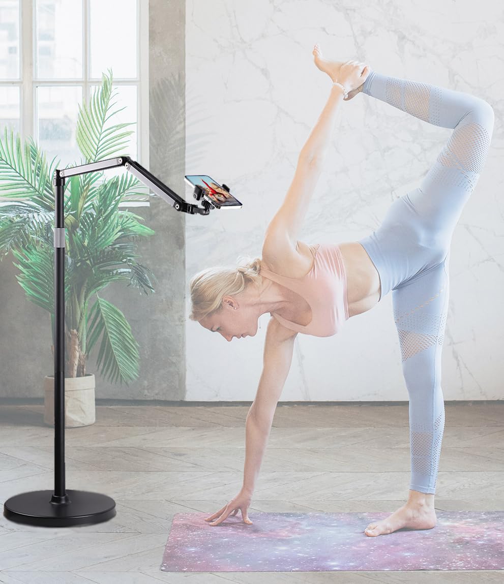 Soporte de suelo para teléfono móvil para grabación, soporte alto ajustable con brazo de extensión ultra largo, giro de 360°, compatible con iPhone, Samsung y más