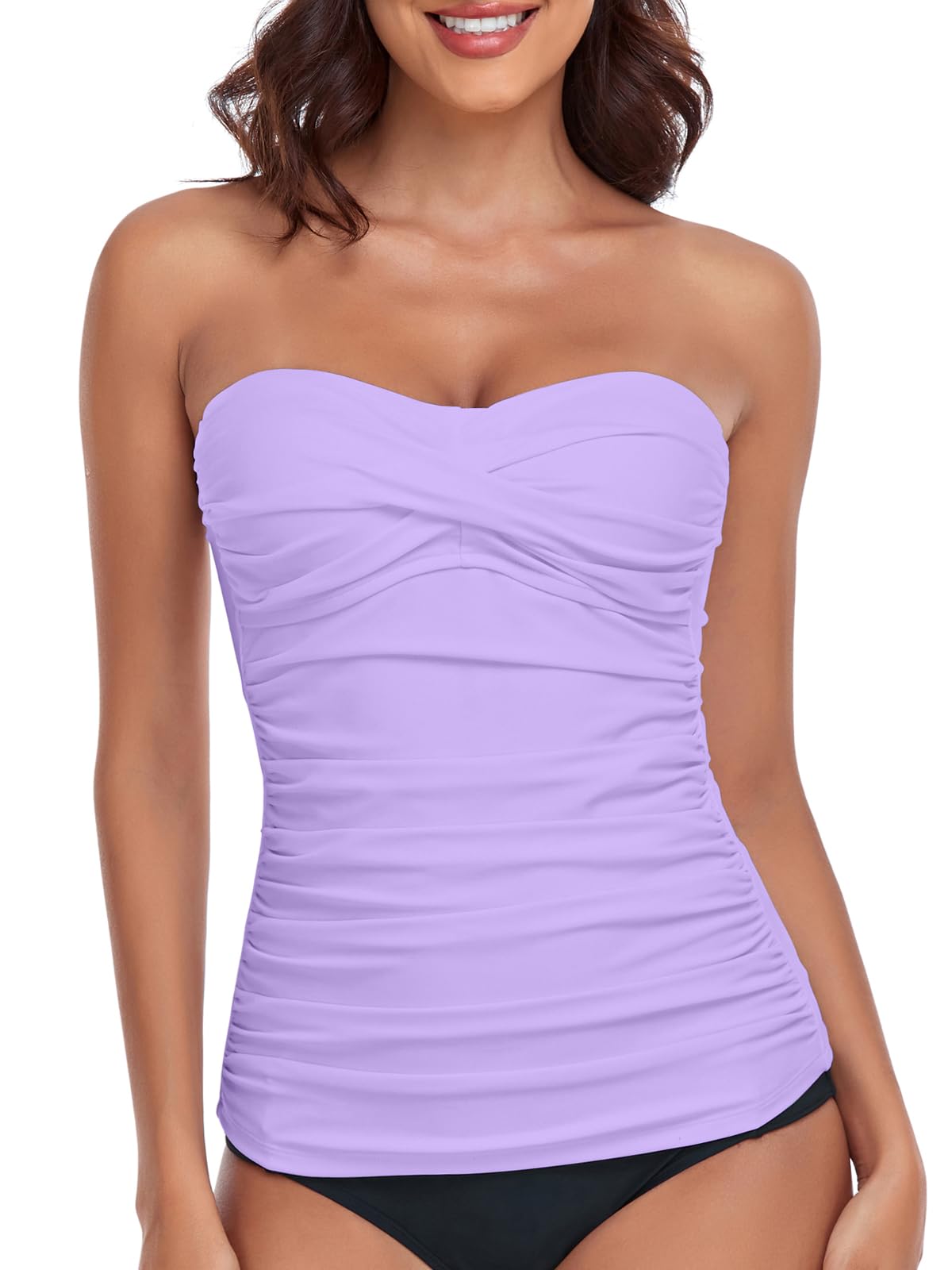 RELLECIGA Women's Tummy Control Tankini Top Bandeau Strapless Swim Tops