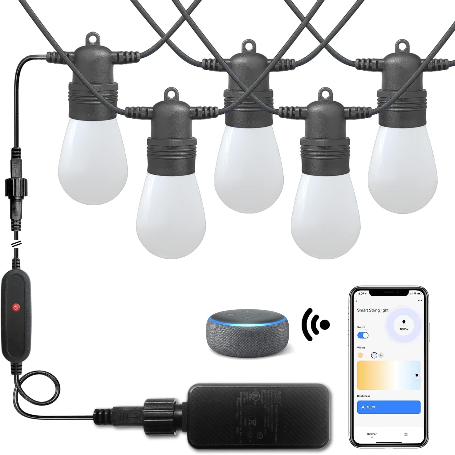 SUNTHIN Smart String Lights, 48FT Smart Patio Lights with 16 Shatterproof LED Bulbs, Work with Alexa & Google Home, Hanging for Outside Garden, Backyard, Deck, Porch, Pergola, Gazebo, Yard, Party