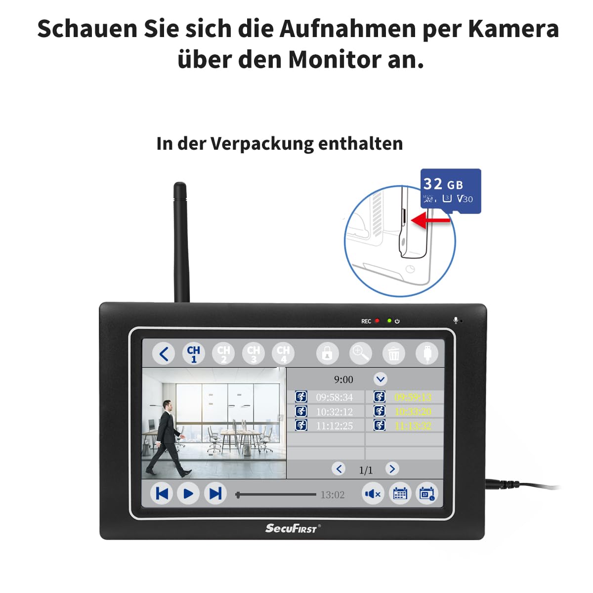 SecuFirst Überwachungskamera Aussen Kit mit Monitor,7" Touchscreen | Arbeiten ohne WLAN,Babyphone,2K Kamera Überwachung Outdoor, Innen Bildschirm, 2TB Erweiterbarer Speicher,32GB Lokal Speicher
