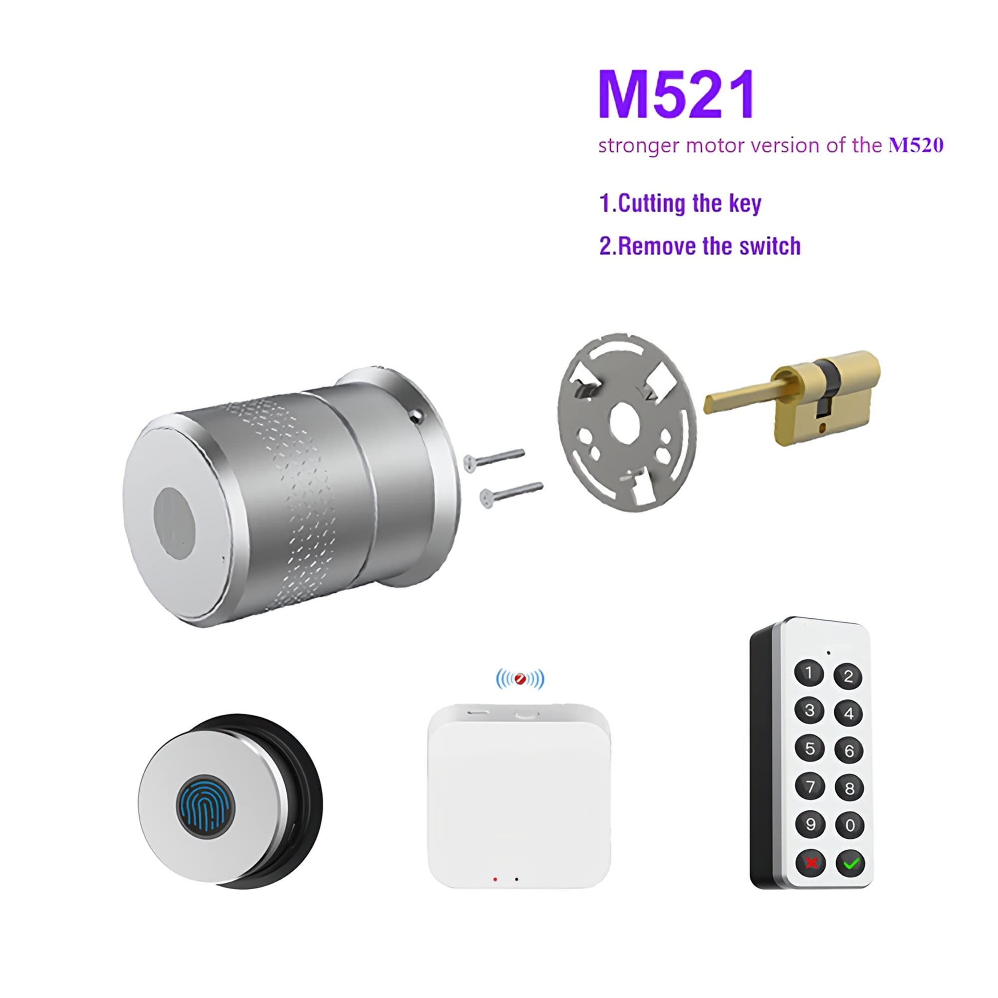 Inteligentny zamek do drzwi, Inteligentny zamek Tuya TTlock Cylinder linii papilarnych do drzwi 50-100mm grubość wsparcie blokada dla inteligentnego domu(M521 Gatway Fin Key,TUYA Version)