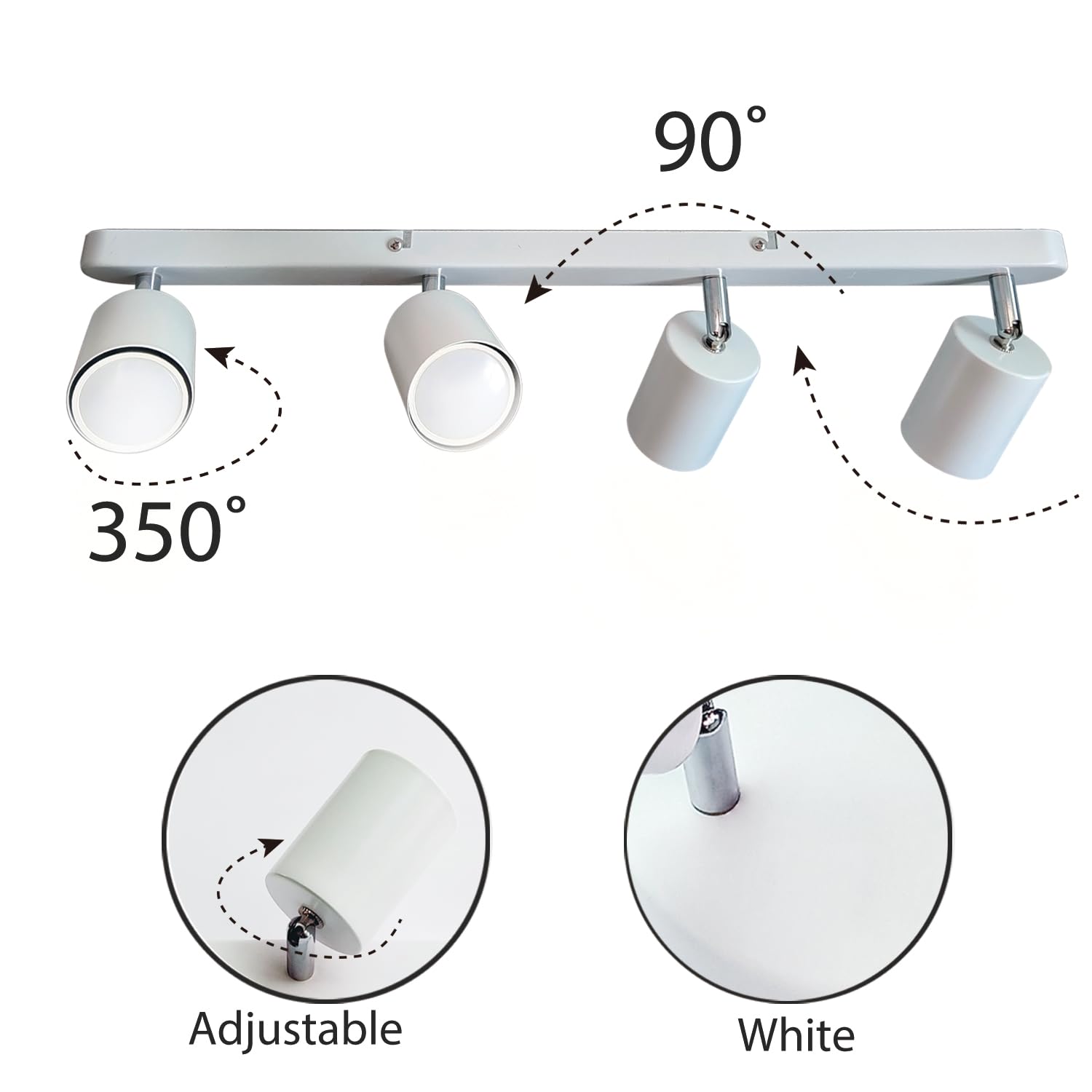 Sweier White 4-Way Rotatable GU10 Ceiling Spotlight Bar - 5W Adjustable LED Light with 6000K Cool White Bulb, Ceiling/Wall Mounted - Image 3