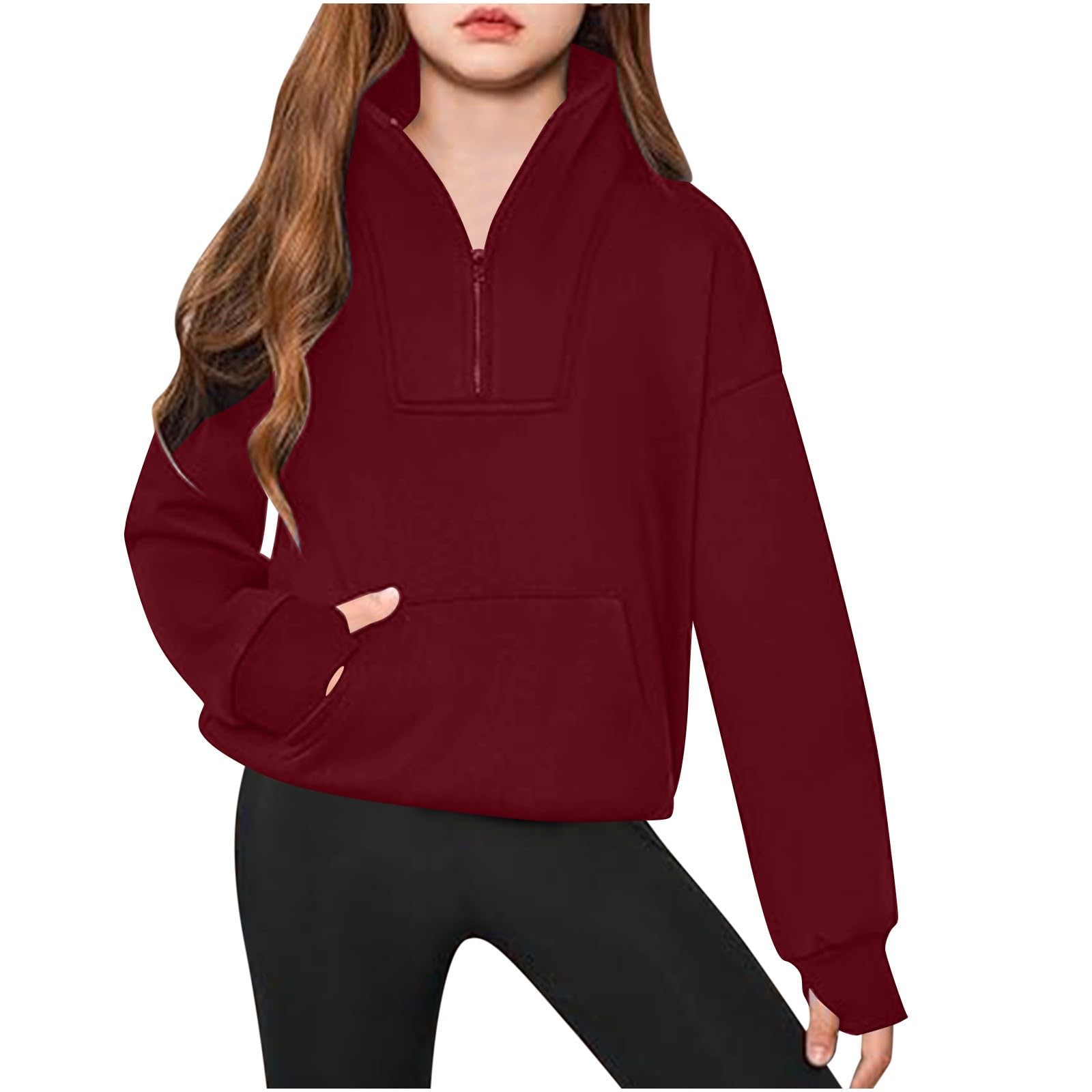 Girls Half Zip Hoodies Solid Pullover Sweatshirt Long Sleeve With Thumb  Hole Fall Winter Clothes For Teen Girl