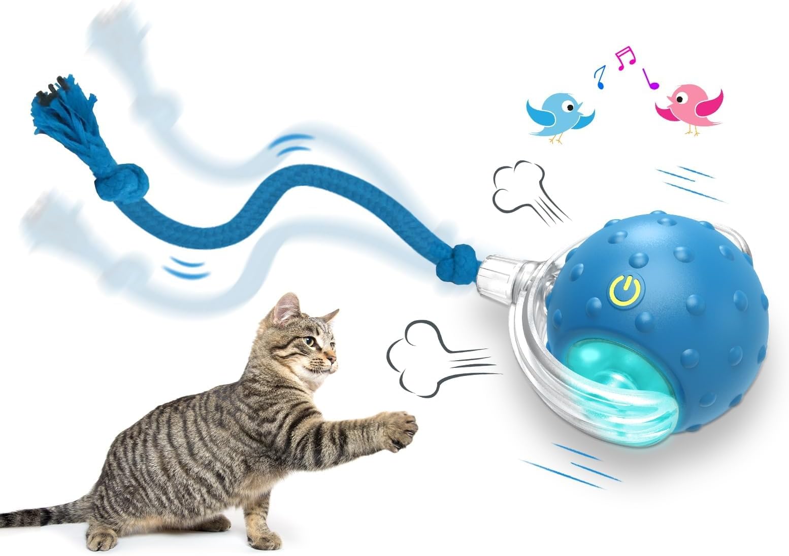 Automatic Interactive Cat Toy Ball with Bird Chirp Sounds, 3 Play Modes & USB Rechargeable | Intelligent Rolling Kitten Toys with Rope Tail for Indoor Cats (6.5 X 5.6 cm)