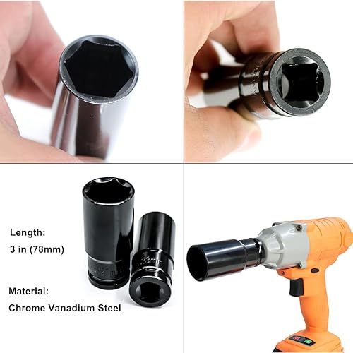 Miniatura 5 de Juego de llaves de trinquete de 12 pulgada de impacto profundo de 6 puntos de 0.315in - 0.945in y 12" (14 piezas)