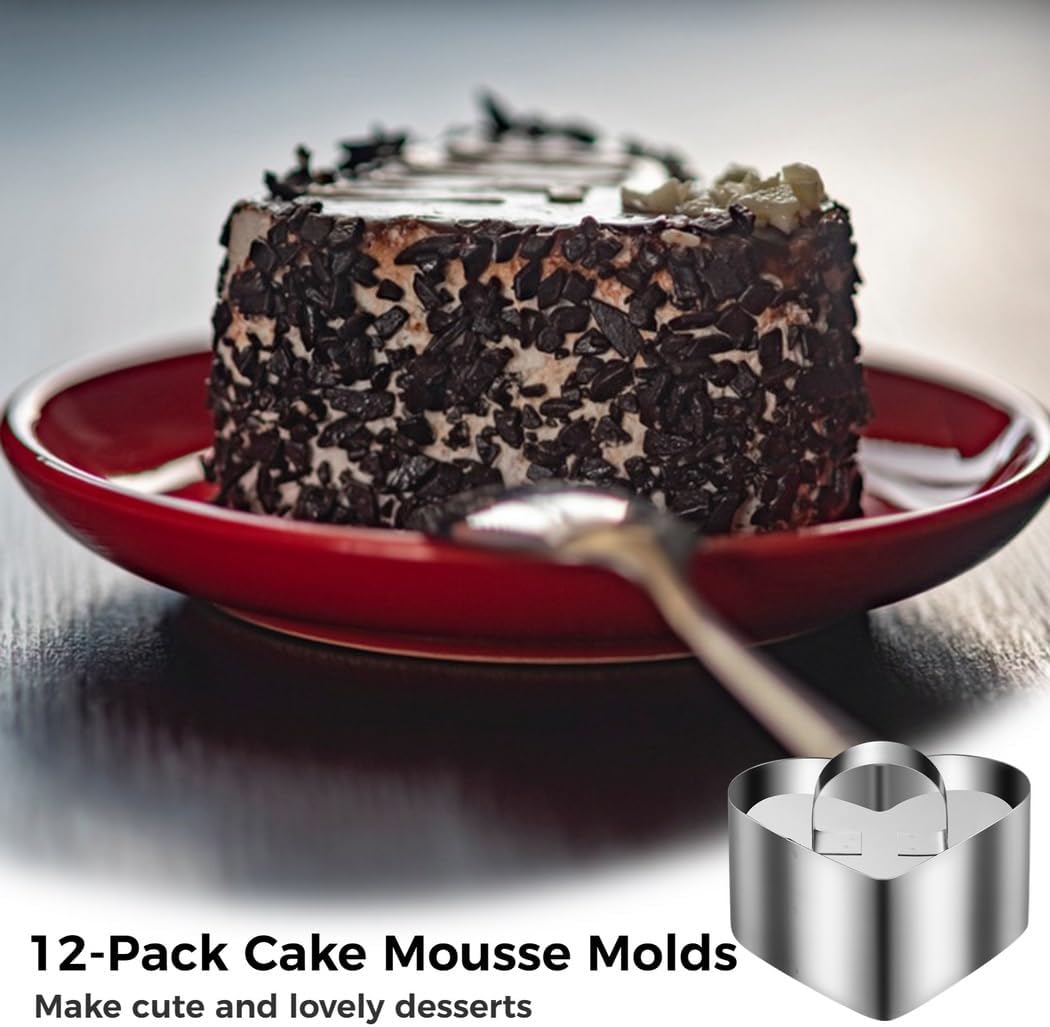 12-Piece Stainless Steel Heart-Shaped Mousse Ring Molds, With Pusher, For Molding Cakes, Biscuits, Desserts, And More, 3.15In X 1.46In