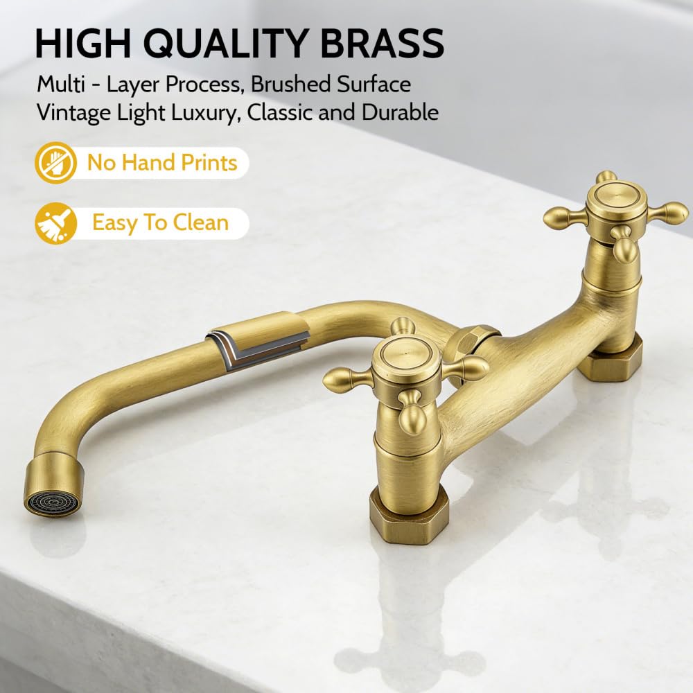 Rubinetto Bagno Lavabo a Muro in Ottone Anticato, Miscelatore Vintage per Cucina con 2 Tubi Flessibili, Girevole 360° con Doppia Manopola, Bocca 25 cm