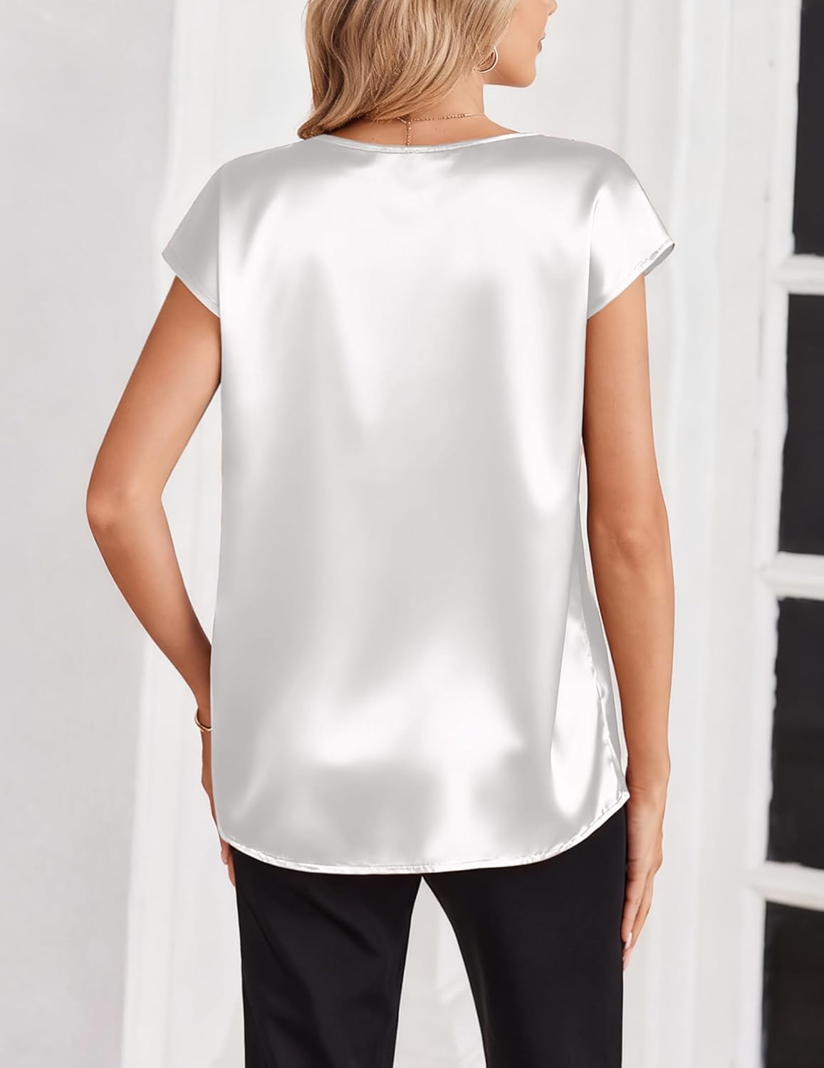 Zeagoo Silk Tops for Women Satin V Neck Work Shirts Short Sleeve White Blouses Business Casual Outfits - Image 4