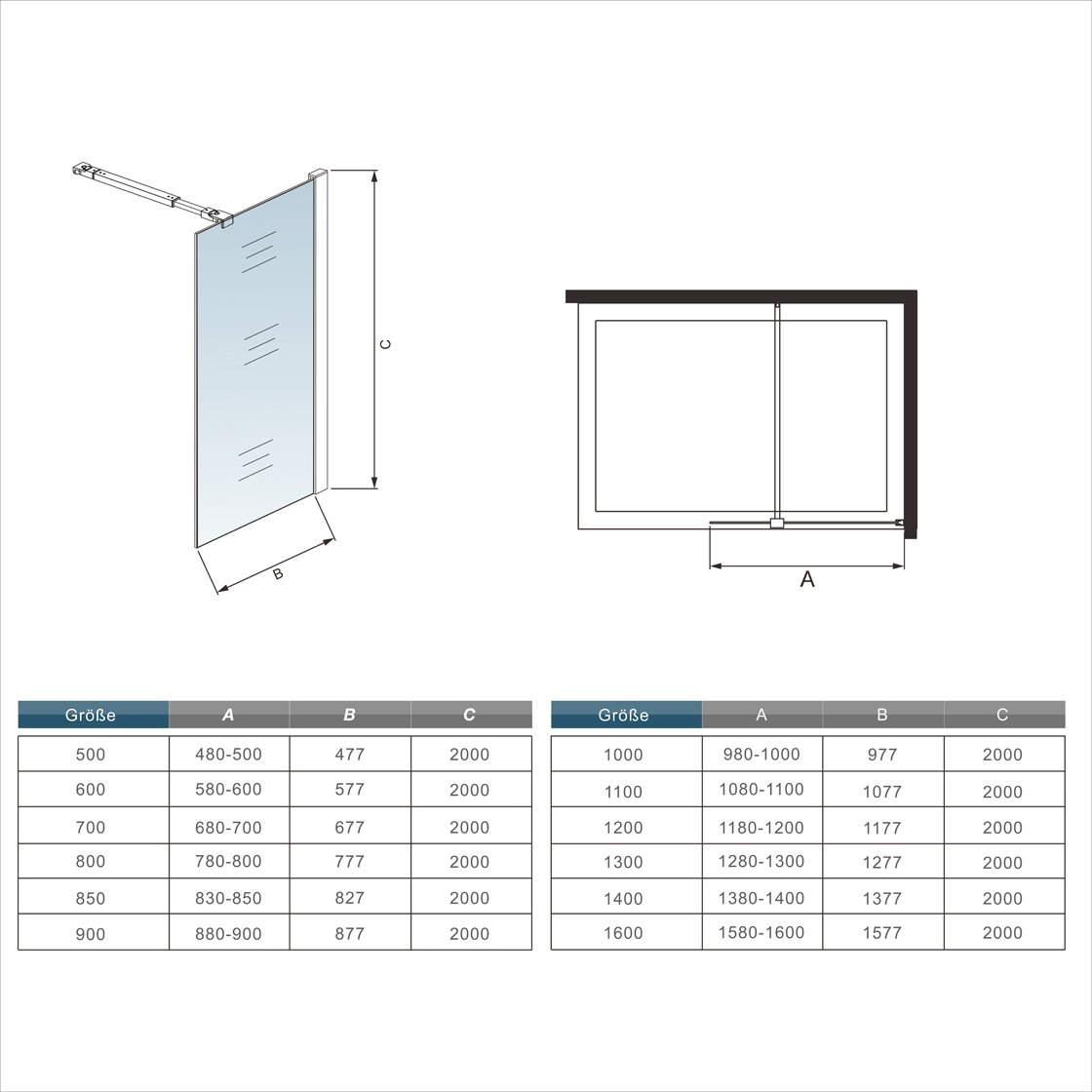 Mampara walk-in, Mampara de ducha fija de 60x200cm,Vidrio templado de 8mm tratamiento antical/Easyclean