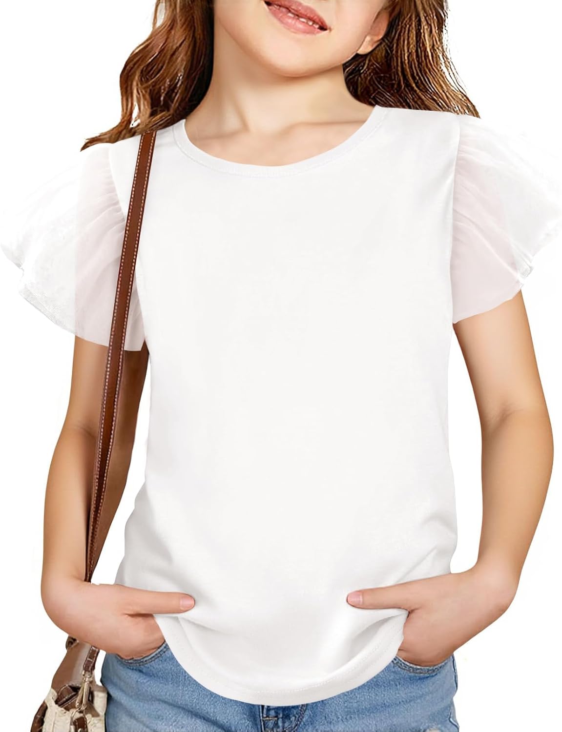 Haloumoning Girls Mesh Ruffle Sleeve Shirts Kids Cute Crewneck Tops Casual Summer Blouse 5-14 Years