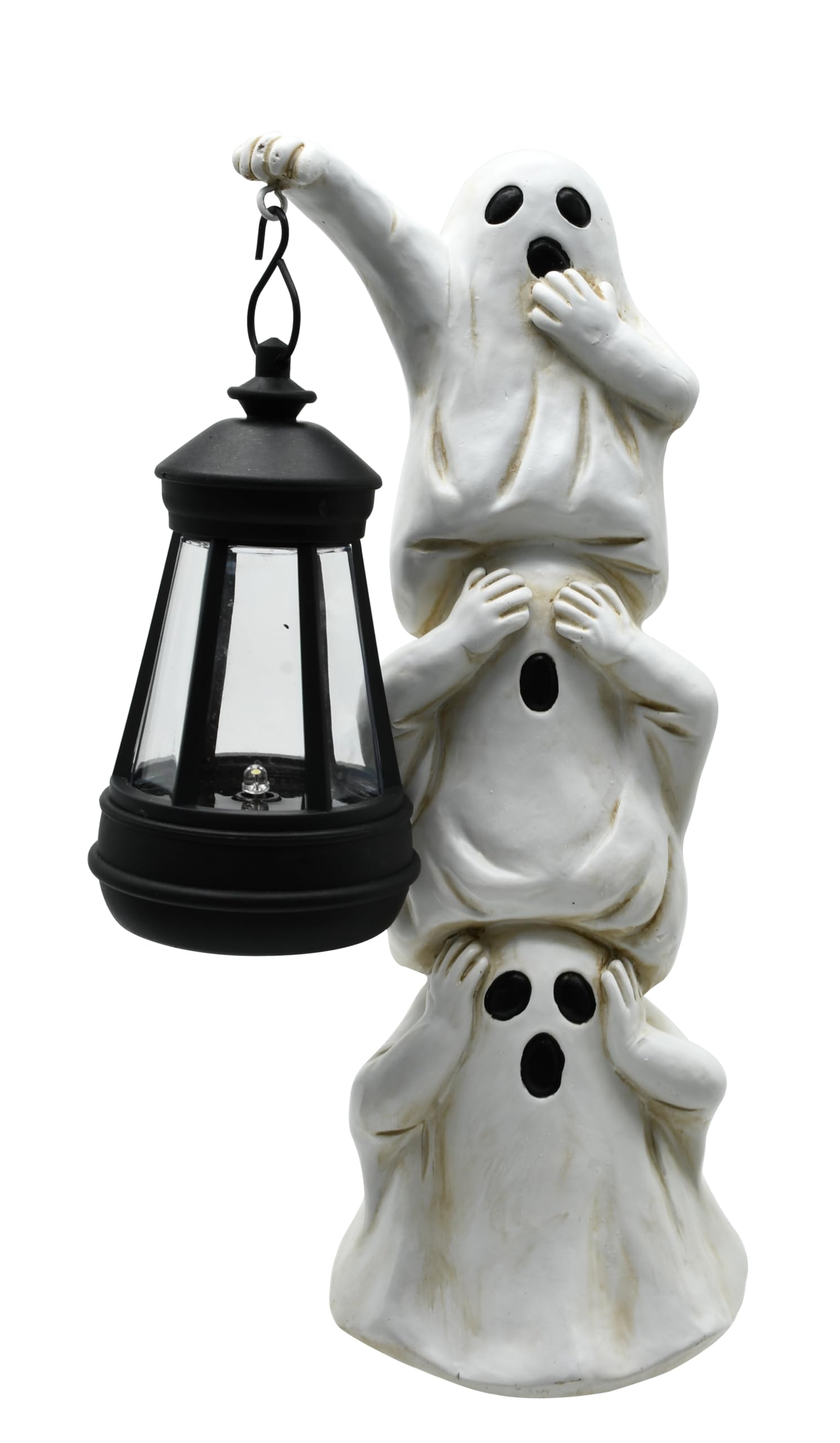 Solar Halloween 3 Stacked Ghosts Garden Ornaments with Red Lantern Lights