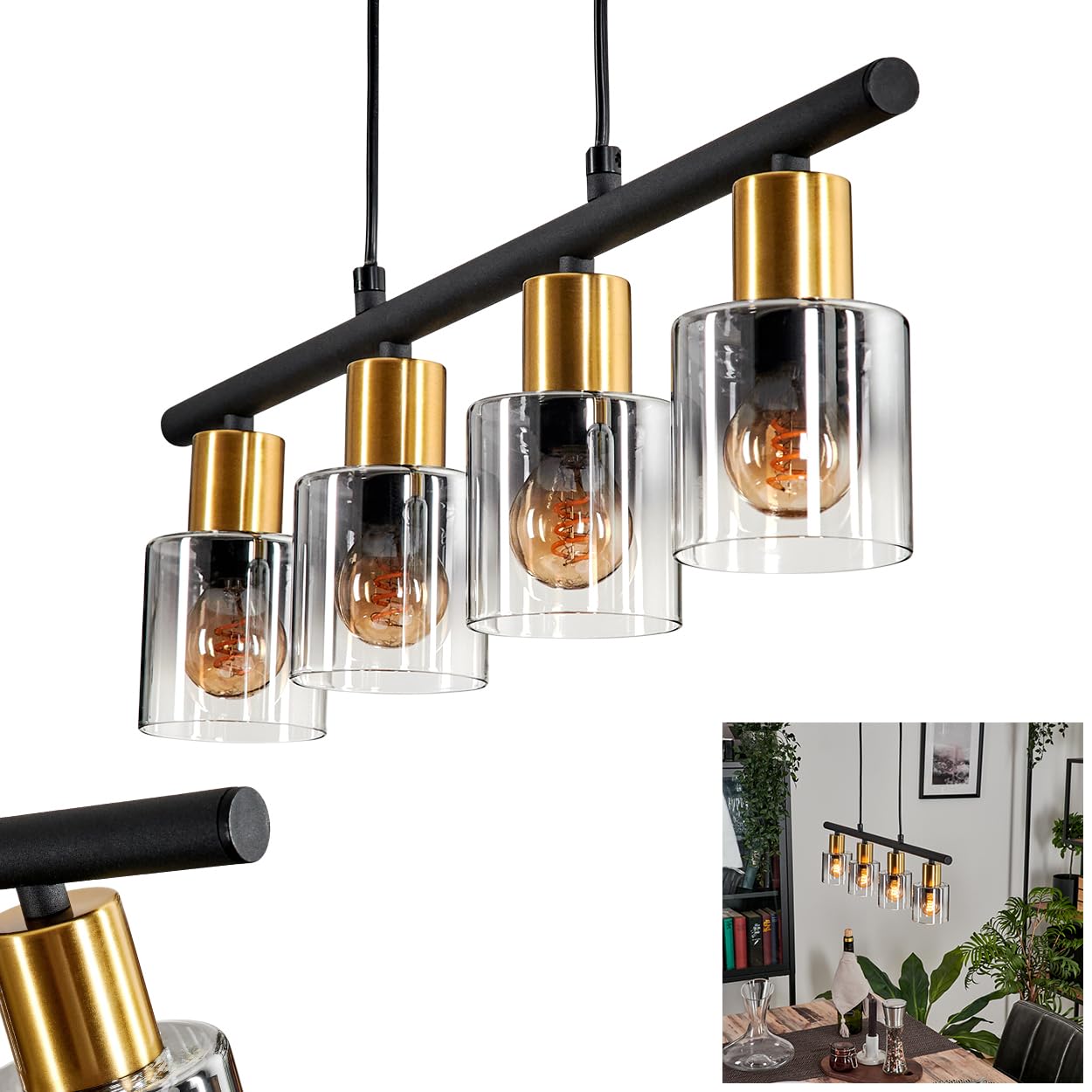 Leteque Pendant Light, Metal/Glass Pendant lamp in Black/Brass Colour/Smoke Colour/Clear, Pendant Light in Retro/Vintage Design with Glass Shades, max. Height 120 cm, 4 x E14, Without Bulbs