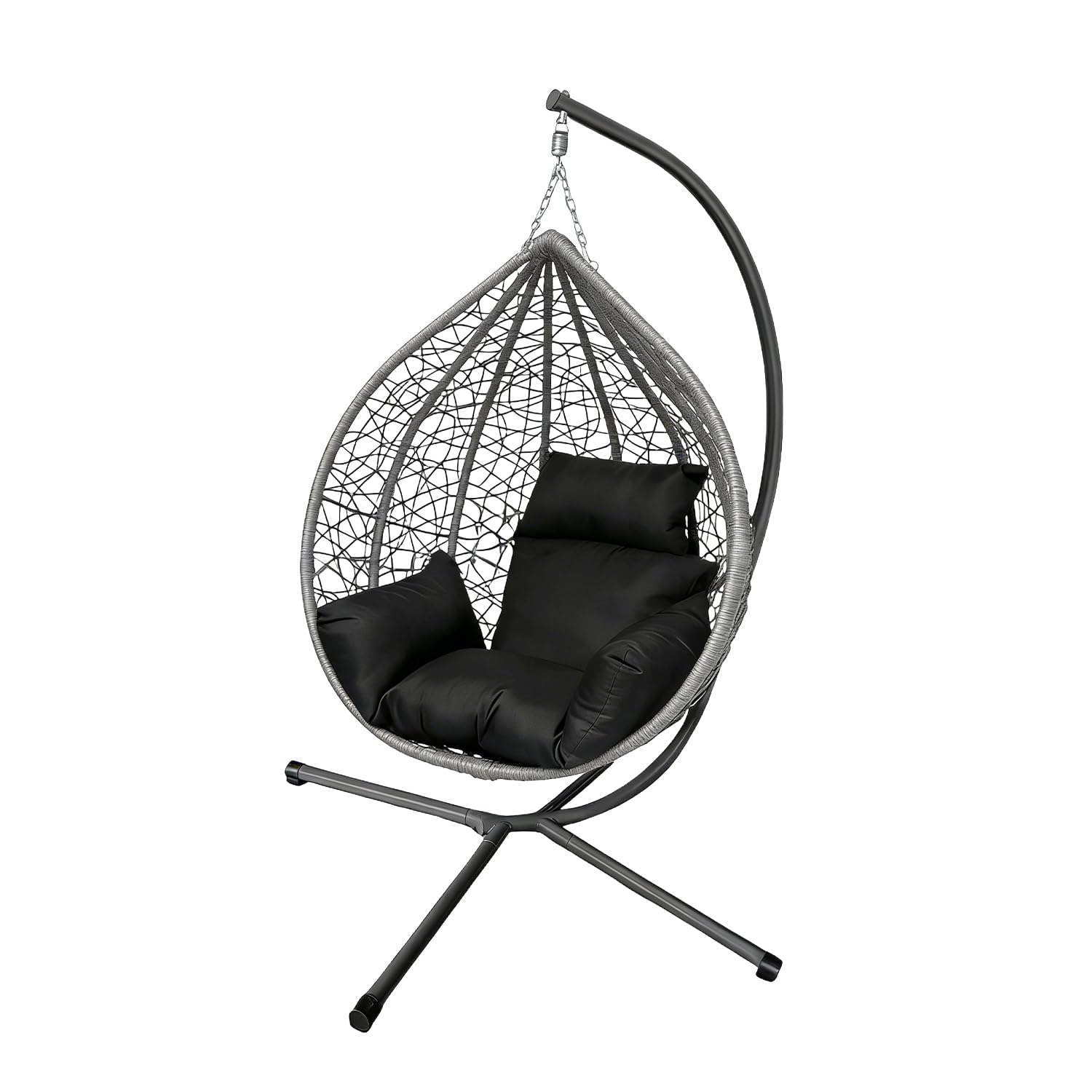150kg Egg Swing Chair, Foldable Design with 6 Cushion Color Combinations, PE Wicker & Anti-Rust Steel Frame, 115x65x105cm Size, Easy Assembly for Patio/Bedroom Use (Grey seat + black cushion)