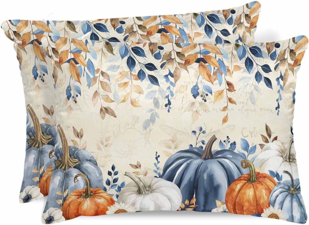 Fall Blue Pumpkins Pillow Cases Standard Size Set of 2, Thanksgiving Smooth Satin Pillowcase for Hair and Skin, Maple Leaf Orange Retro Decorative Cooling Bed Pillow Covers, 20x26 Inches