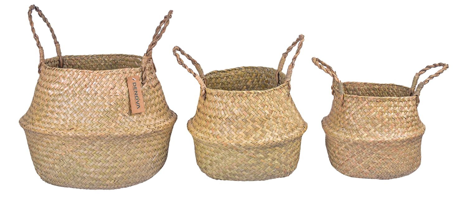 DENOVA Seagrass Belly Round Basket With Handles,Woven Planter Basket For Indoor Plant Flower Pot Outdoor Multipurpose Storage Organizer Home- Pack Of 3, Natural (B0C9Q8W1LG) Amazon Price History, Amazon Price Tracker