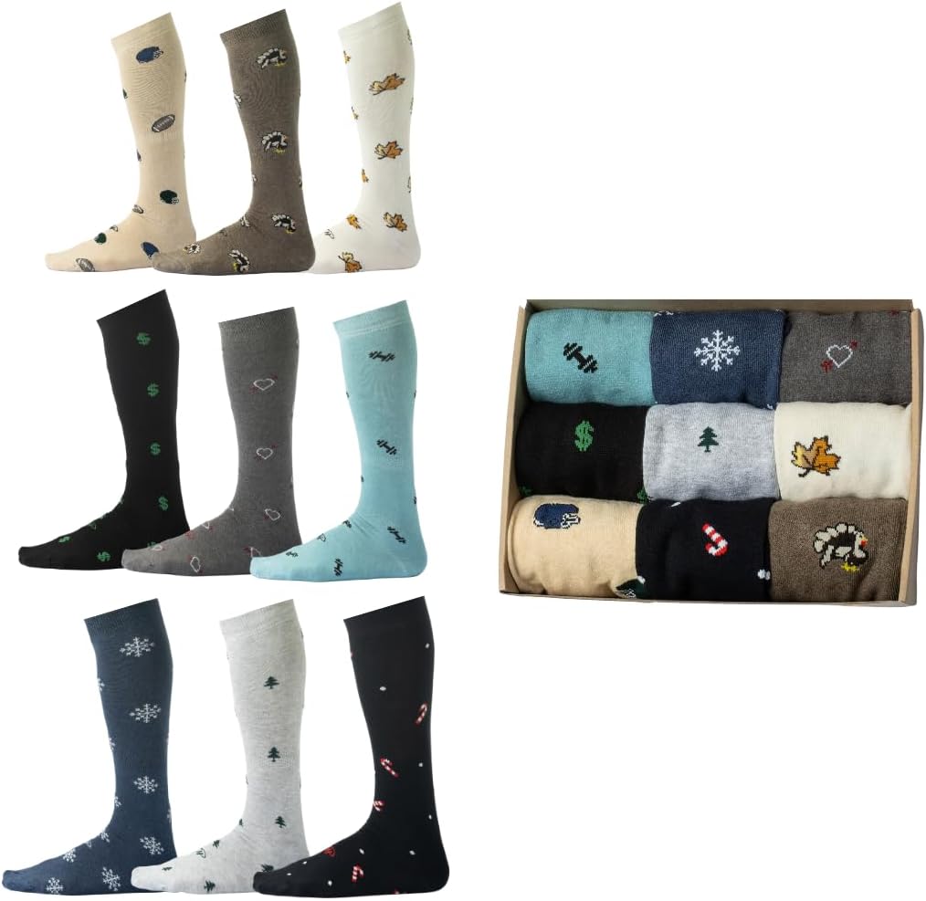 Pierre Henry Over the Calf Socks for Men (9 pairs) | Colorful Funky Dress Socks | Cotton made over the calf dress socks