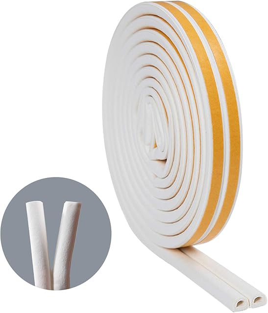 10M Rubber Weather Strip Foam Tape, D Type Self Adhesive Rubber Door Seal, Door Window Draught excluder, Door Seal Strip, Water-Proofing, Anti-Collision, Noise Muffling (White)