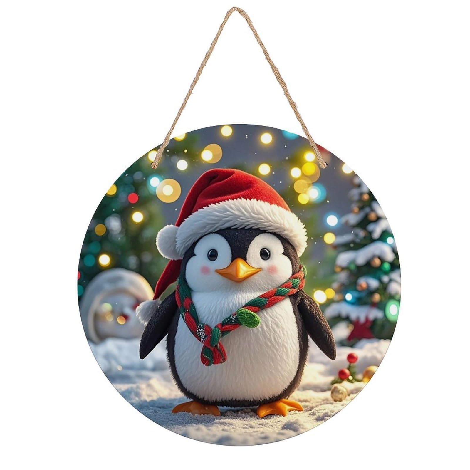 FekiLoot Christmas Funny Penguin Wall Art Decor Round Wood Hanging Sign Decoration Wooden Circle Door Sign Round Hanging Decorative Wood Plaque Door Hanger for Home Outdoor Indoor Decoration