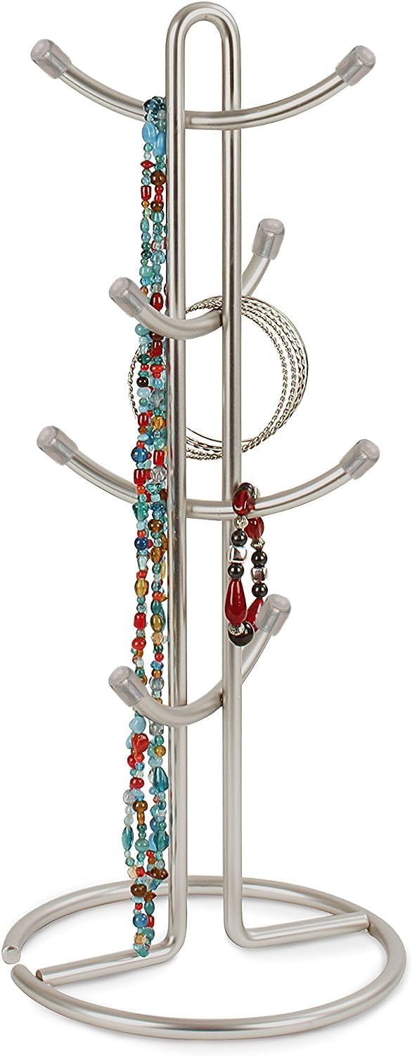FitWell Mugs Holder, Mug Tree, Coffee Mug Holder, Coffee Mug Tree, Mug Organizer for Cabinet, Mug Holder Stand, Coffee & Tea Cup Storage Rack (Satin Nickel, 8 Mugs Holder (17.5"H))