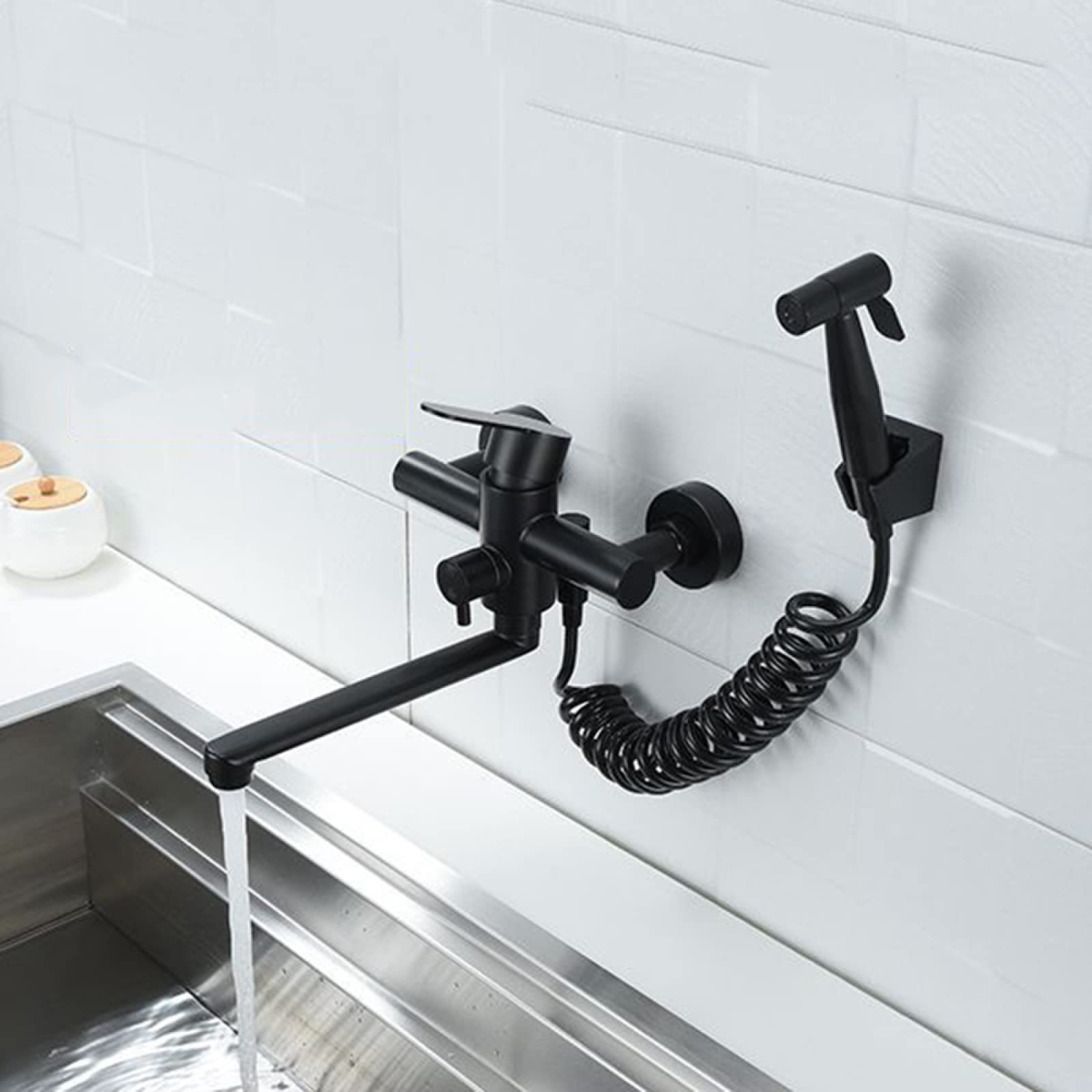 Robinet d'évier mural noir en acier inoxydable pour cuisine à double trou avec pulvérisateur