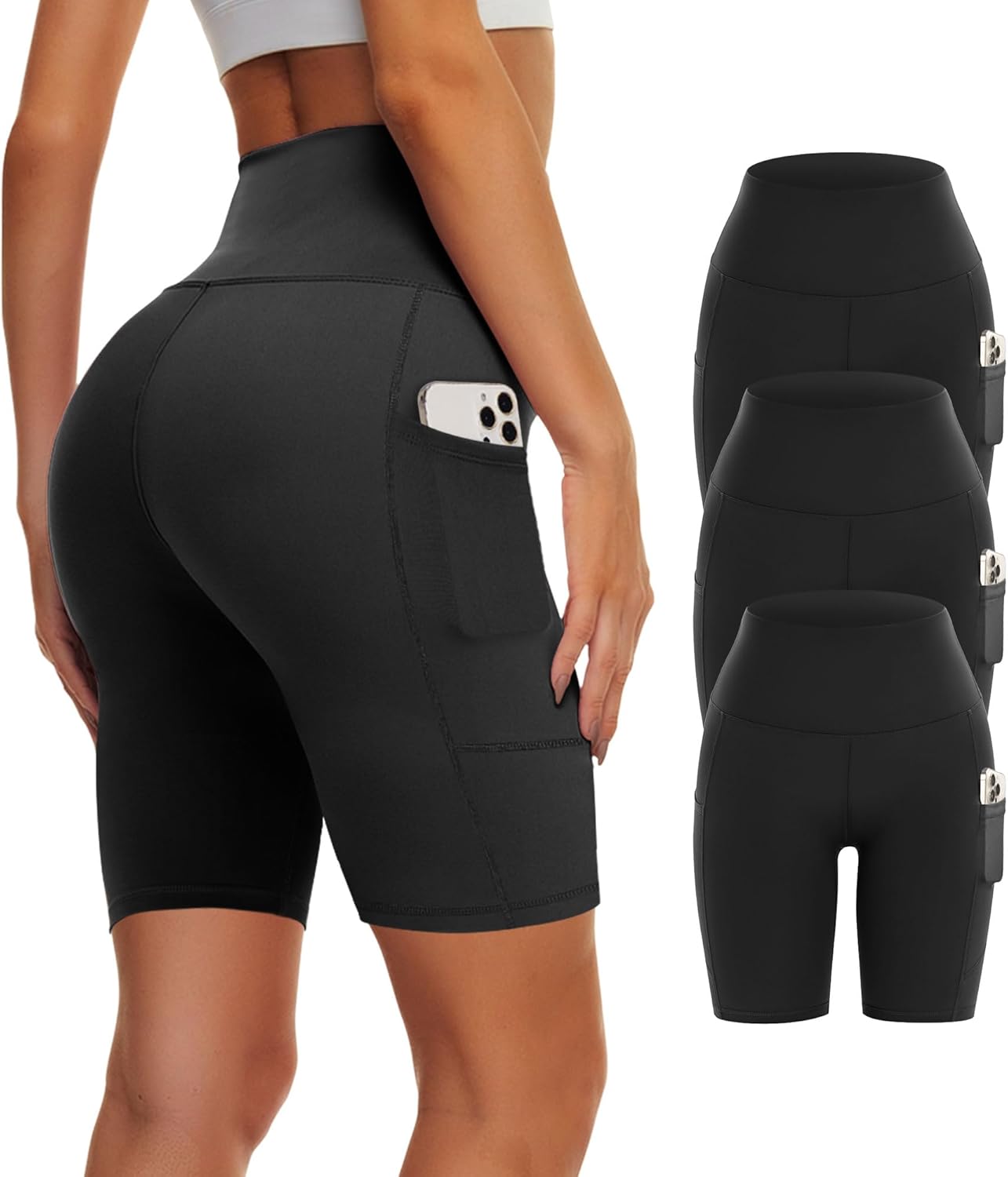 3 Pack Biker Yoga Shorts with Pockets for Women, High Waist Tummy Control Workout Running Gym