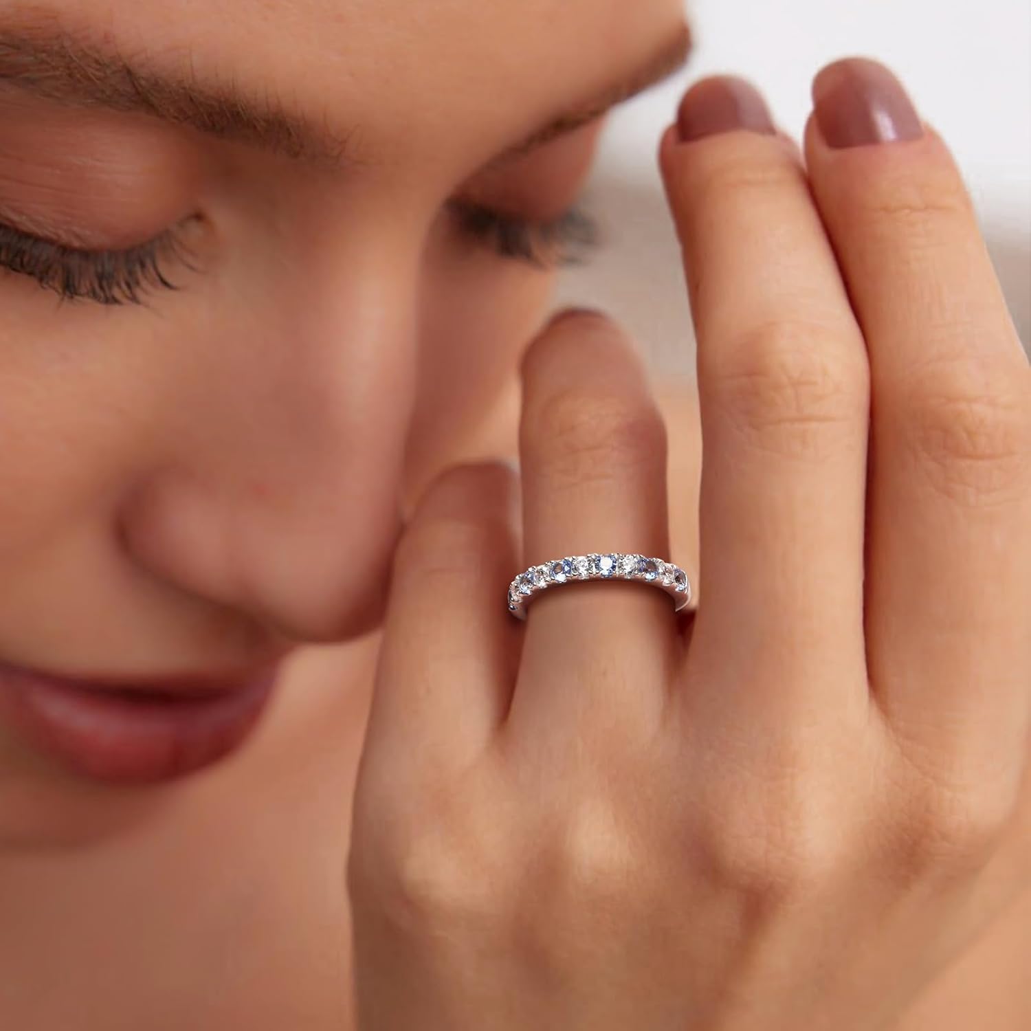 Bezel Set Birthstone Wedding Band 14K Gold Sterling Silver Stackable Half Eternity Band Rings 2.5mm Wide Ruby/Amethyst/Sapphire/Emerald Green/Aquamarine Ring for Women, Send Gift Box