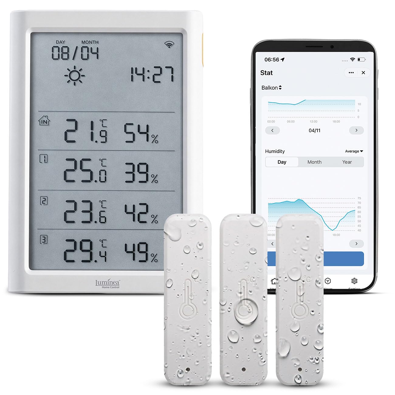 Luminea Home Control LCD-Thermometer: WLAN-Hygrometer-/Thermometer-Station, 3 Sensoren, Sirene, Lichtsensor (Funk-Temperatursensor, Temperatur-Außensender)