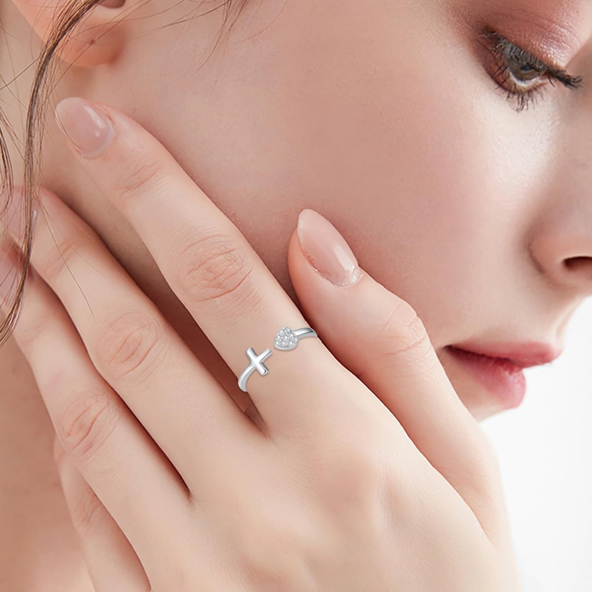 Diamond Cross Rings for Women 925 Sterling Silver Adjustable Cross Dainty Heart Rings with Lab Grown Diamond Christian Gifts for Meaningful Christmas, or Birthday Jewelry