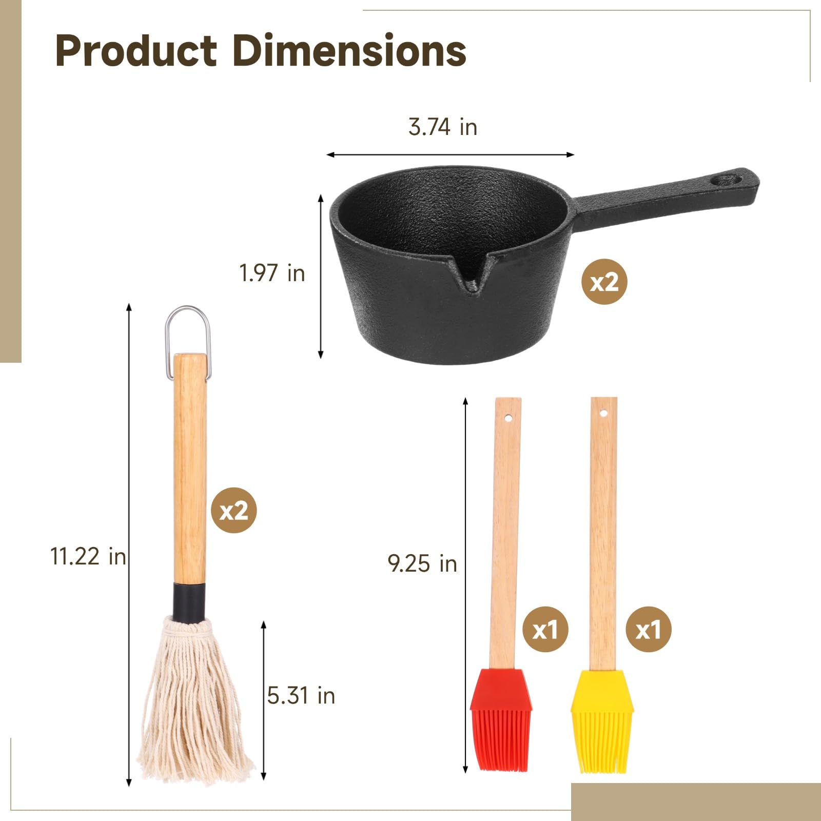 2 Pcs Cast Iron Basting Pot Set, 400 ml / 13.53 fl oz Deep Pan with Oil Spout & Wide Handle, Includes BBQ Mop Brush & Wooden Tea Brush for Outdoor Grilling — view 4