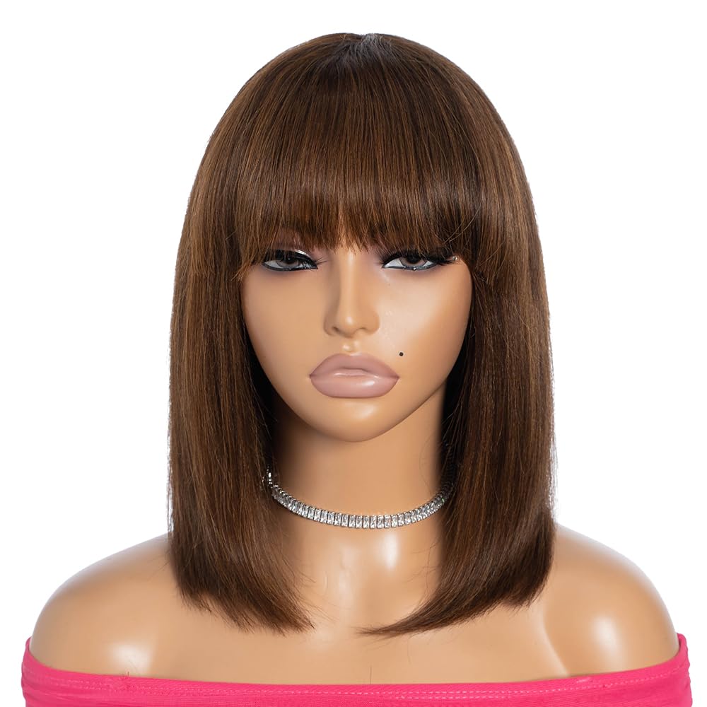 Rebecca Fashion Highlight Brown Bob Wig with Bangs Human Hair 12 Inch Light Yaki Straight Short Bob Human Hair Wigs for Black Women Wear and Go