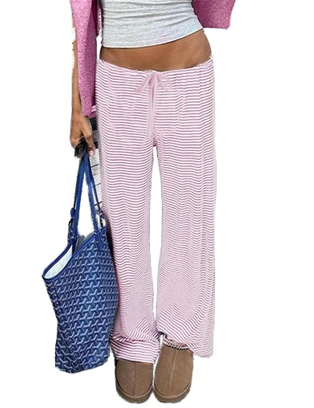 Womens Striped Pants Low Waist Wide Leg Pajamas Lounge Pants