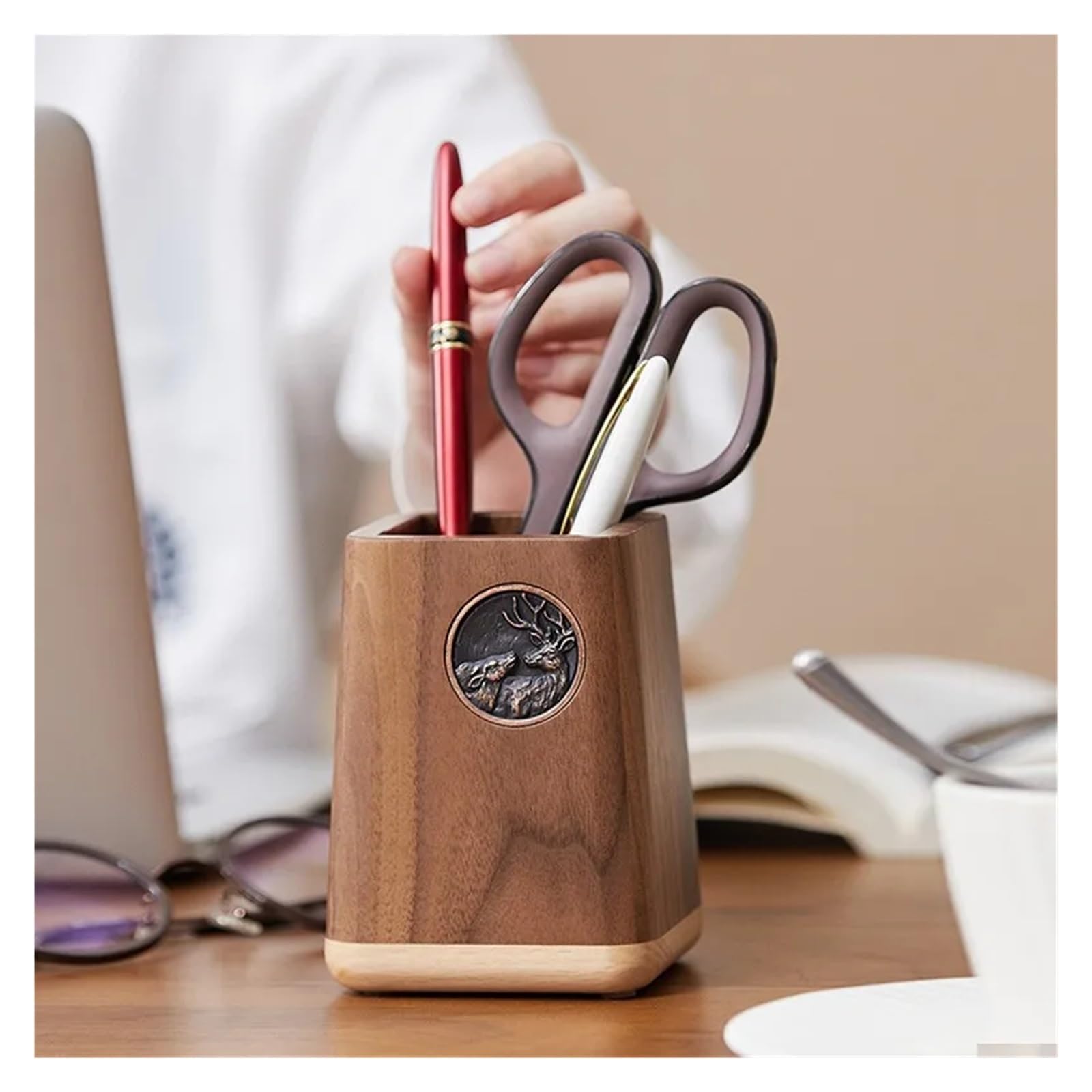 pot a crayon Pot à crayons en bois massif de noyer noir, organiseur bureau, support stylos avec compartiment rangement for papeterie