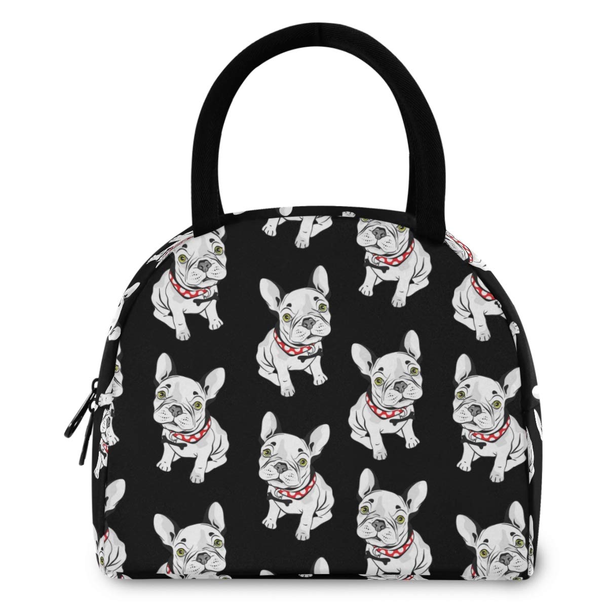 ZzWwR Cute Cartoon French Bulldogs Reusable Lunch Tote Bag with Front Pocket Zipper Closure Insulated Thermal Cooler Container Bag for School Work